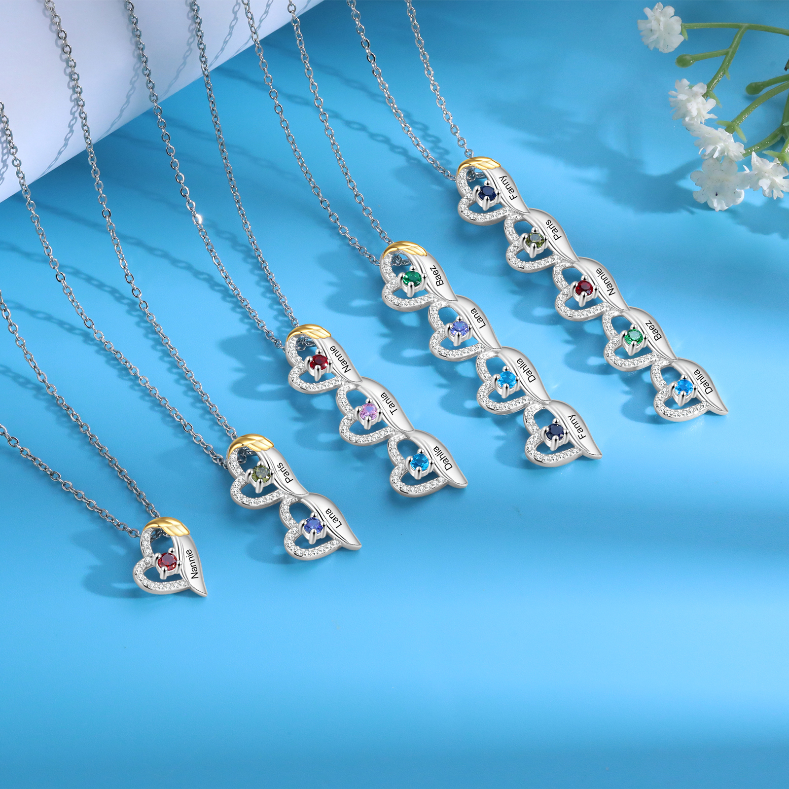 Collar de corazón con 4 piedras de nacimiento y 4 nombres collar personalizado para mujer | Jessemade