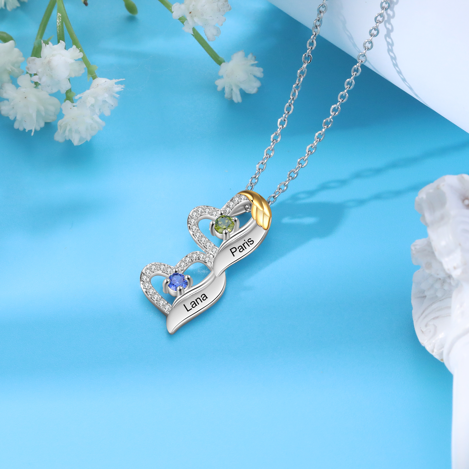 Collar de corazón con 2 piedras de nacimiento y 2 nombres collar personalizado para mujer | Jessemade