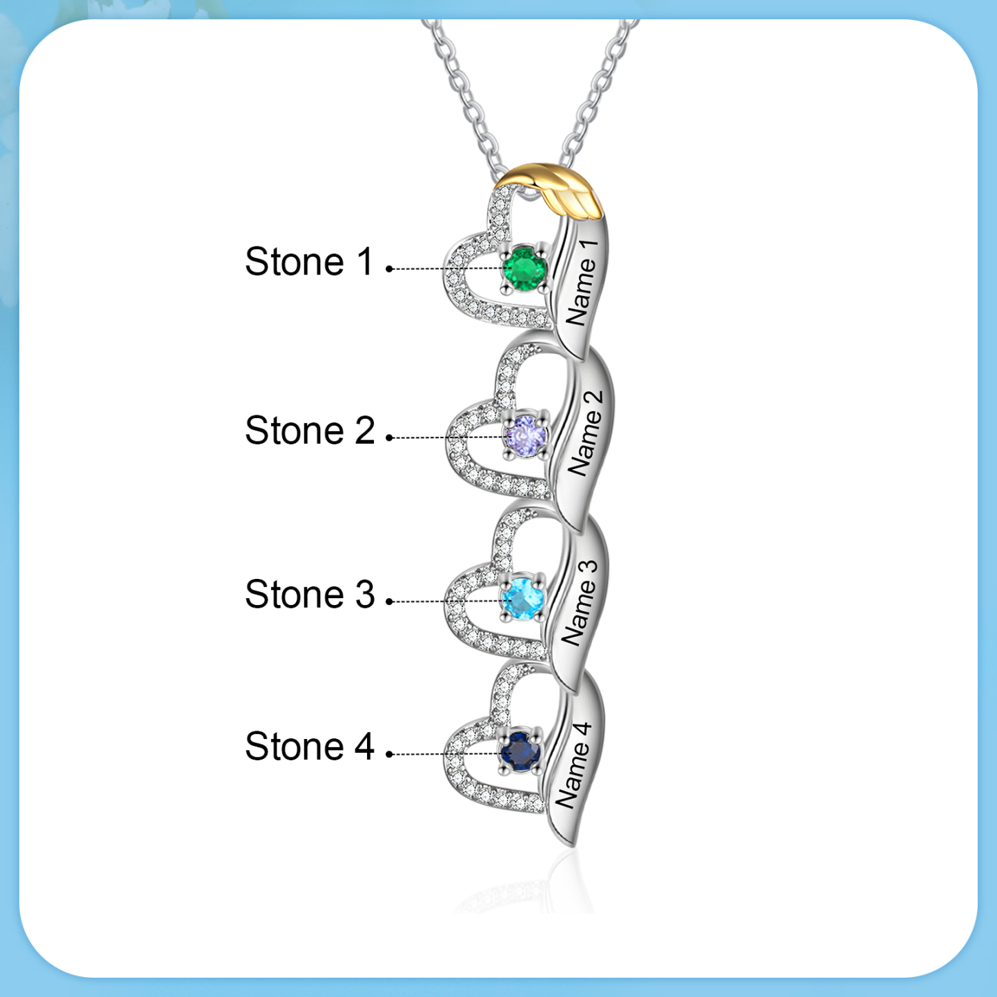 Collar de corazón con 4 piedras de nacimiento y 4 nombres collar personalizado para mujer | Jessemade