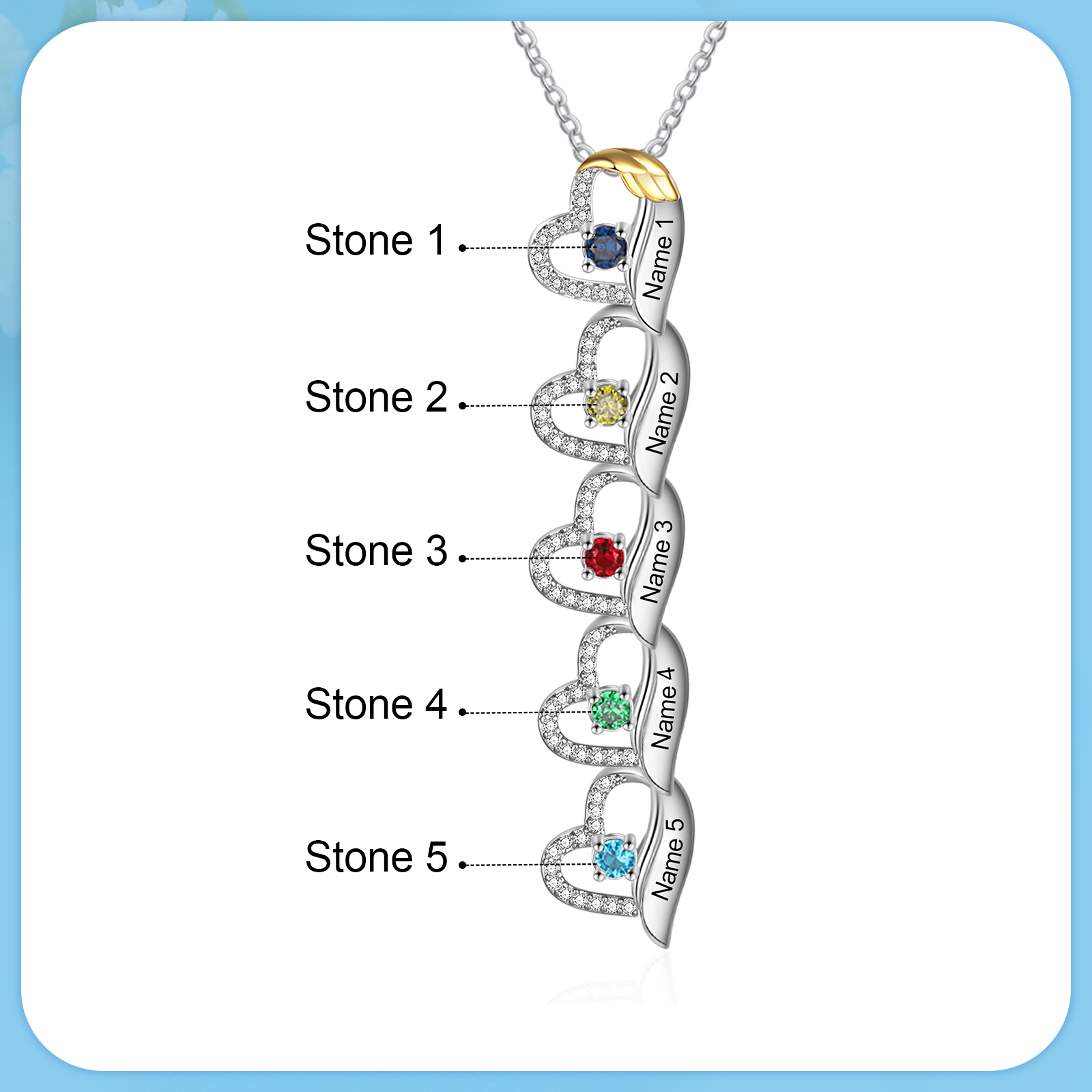 Collar de corazón con 5 piedras de nacimiento y 5 nombres collar personalizado para mujer | Jessemade