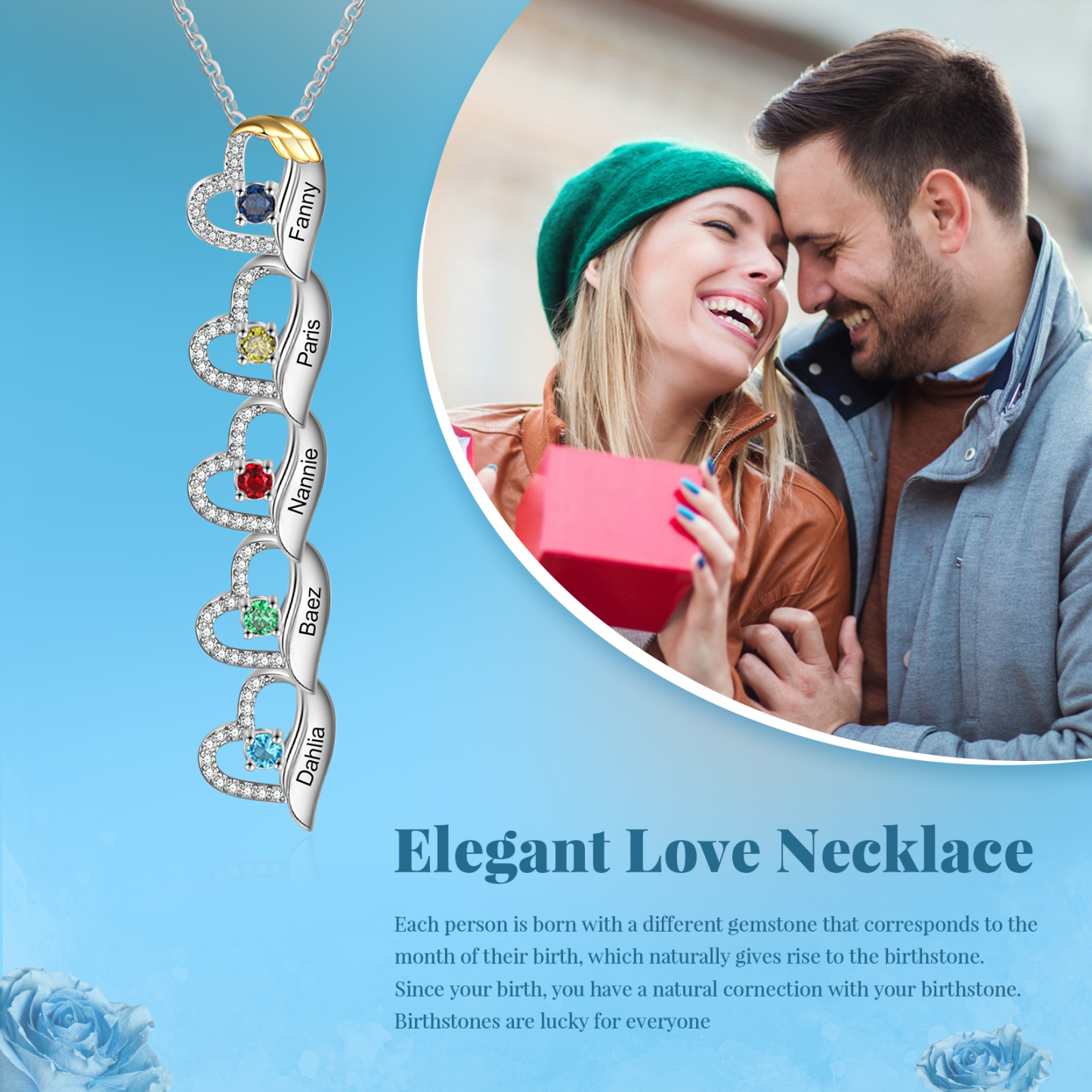 Collar de corazón con 5 piedras de nacimiento y 5 nombres collar personalizado para mujer | Jessemade