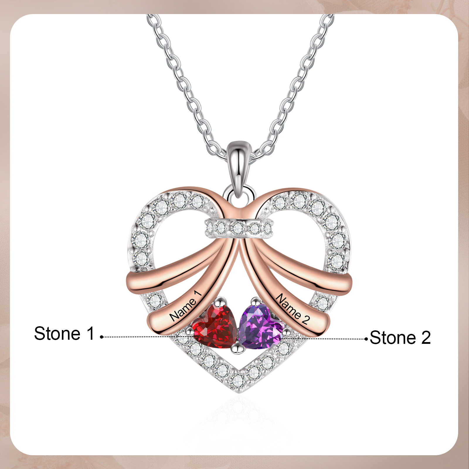 Collar de corazón con 2 piedras de nacimiento y 2 nombres collar personalizado para mujer | Jessemade