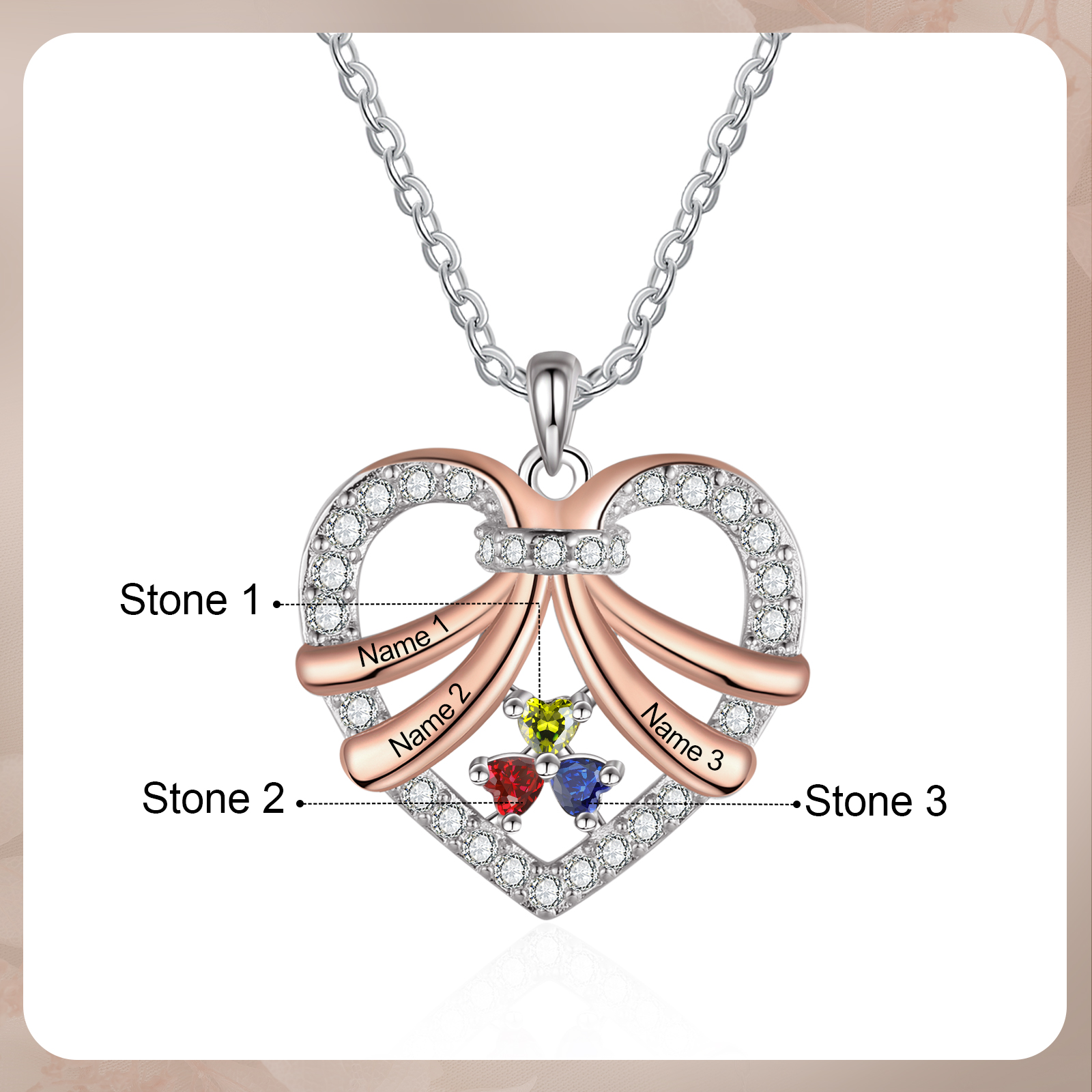 Collar de corazón con 3 piedras de nacimiento y 3 nombres collar personalizado para mujer | Jessemade
