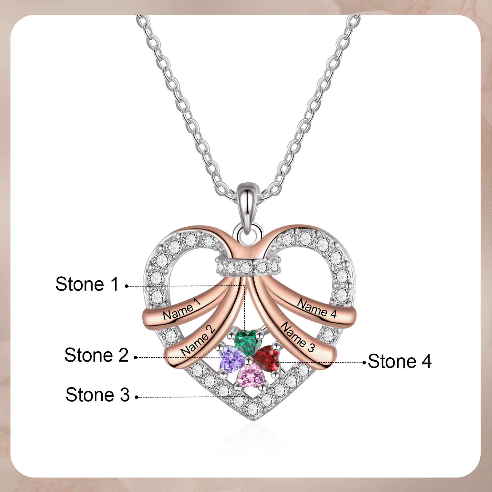 Collar de corazón con 4 piedras de nacimiento y 4 nombres collar personalizado para mujer | Jessemade