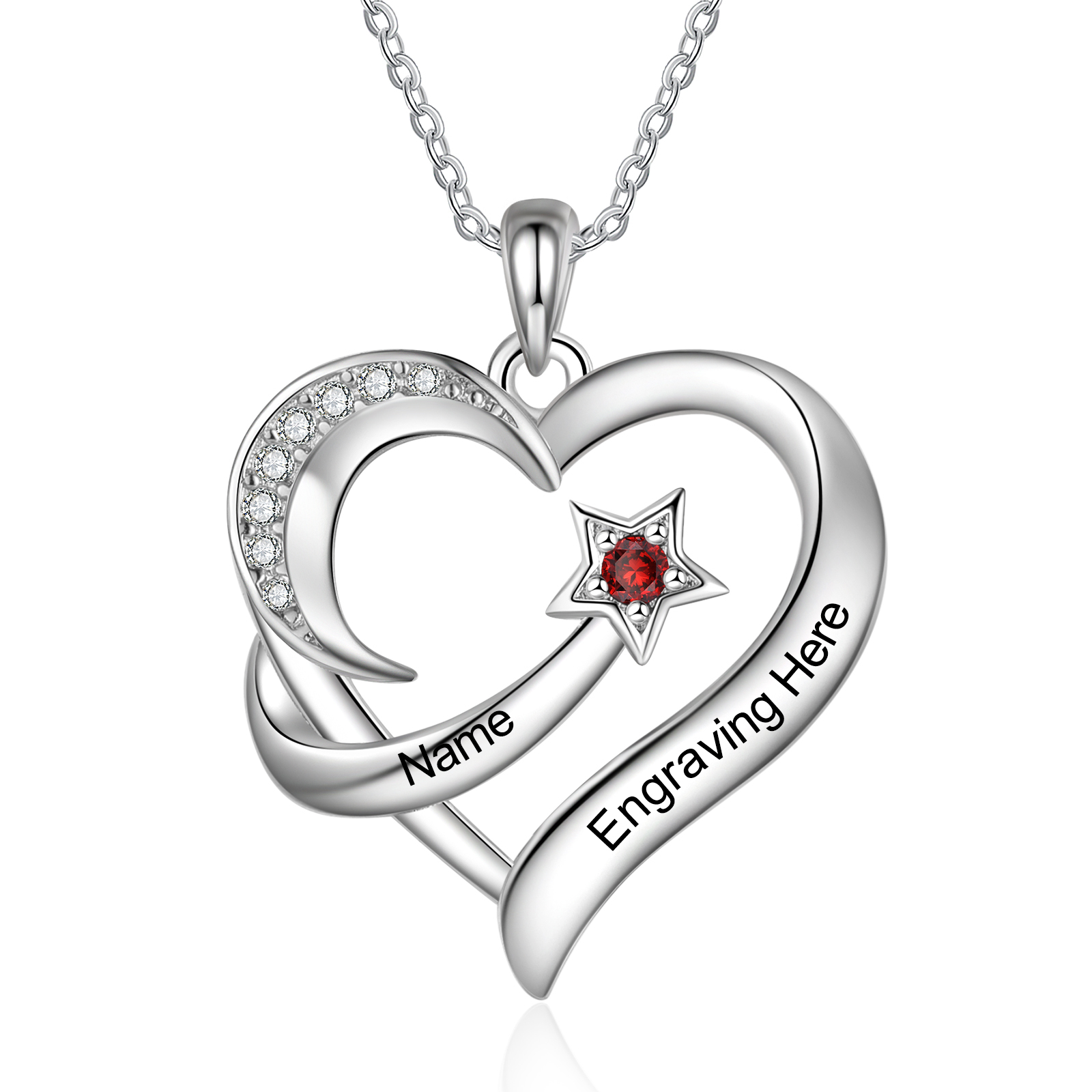 Collar de corazón y estrella con 1 piedra de nacimiento y 1 nombre con texto collar personalizado para mujer | Jessemade