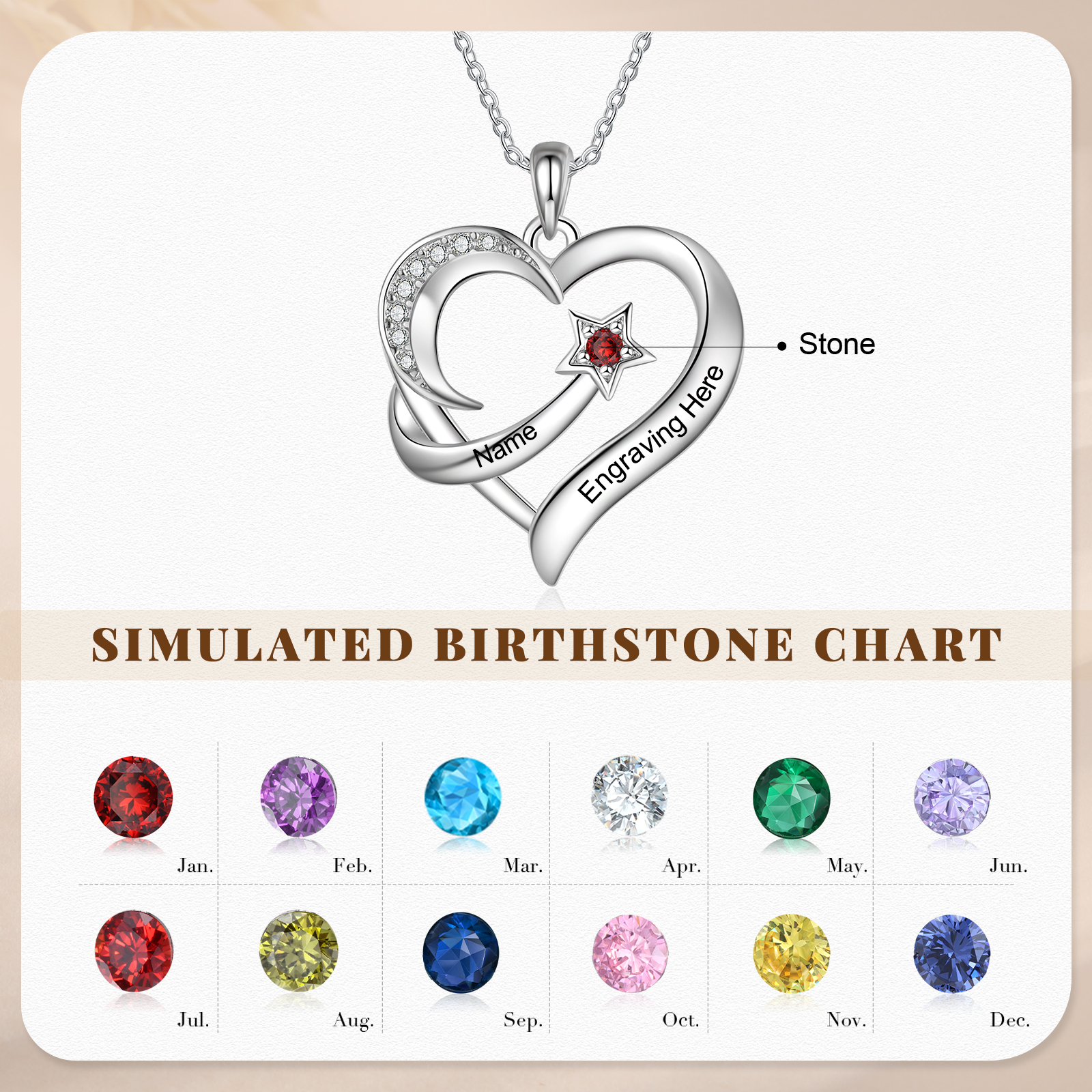Collar de corazón y estrella con 1 piedra de nacimiento y 1 nombre con texto collar personalizado para mujer | Jessemade