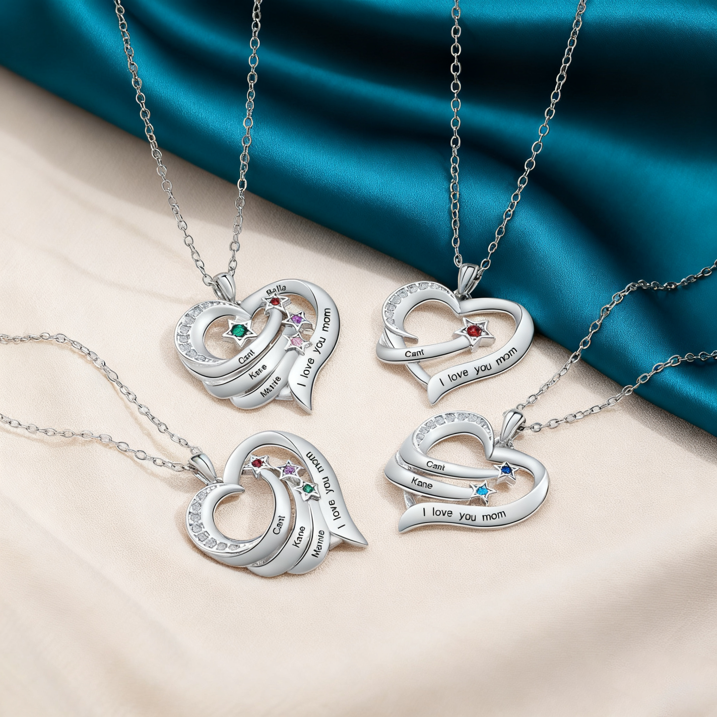 Collar de corazón y estrella con 3 piedras de nacimiento y 3 nombres con texto collar personalizado para mujer | Jessemade