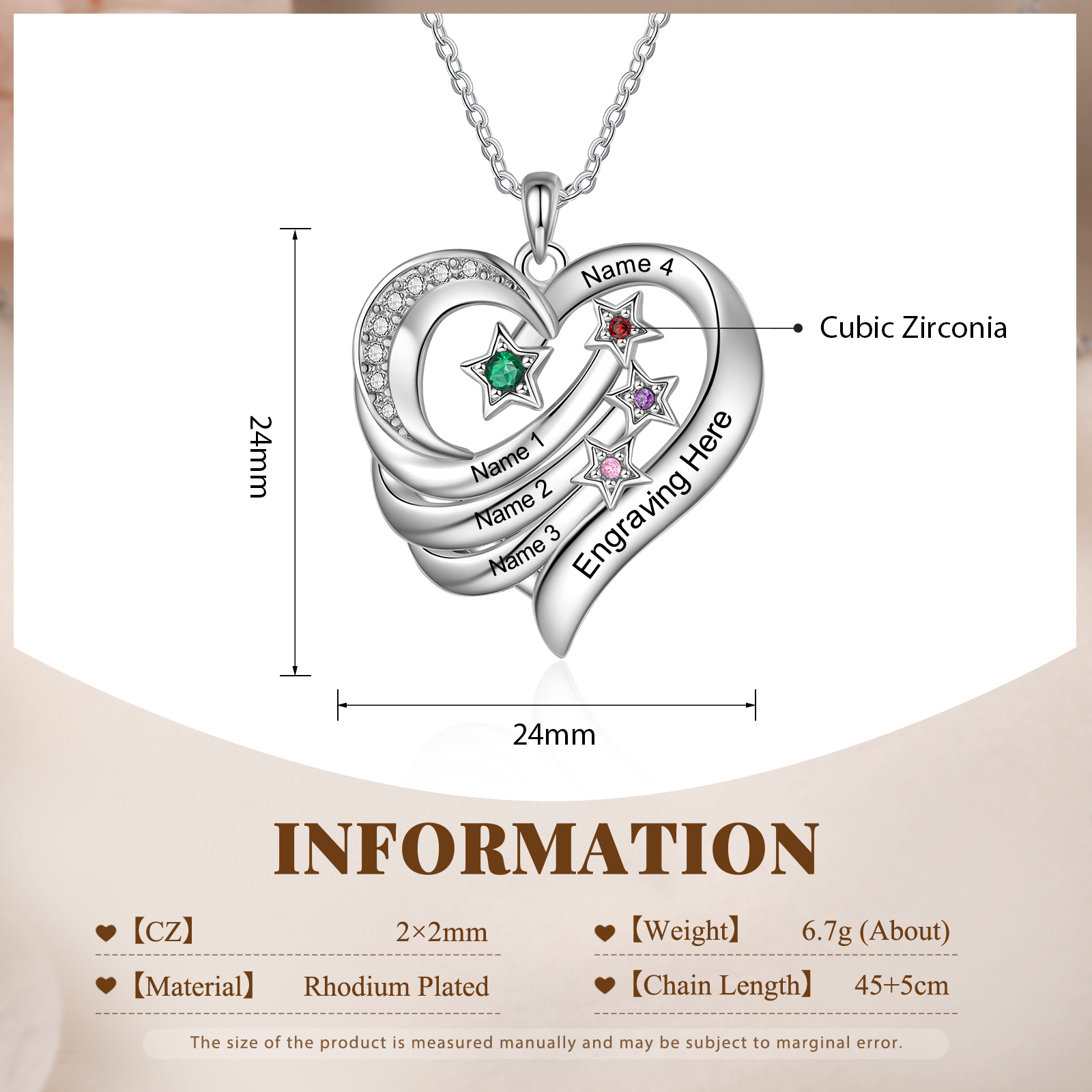 Collar de corazón y estrella con 4 piedras de nacimiento y 4 nombres con texto collar personalizado para mujer | Jessemade