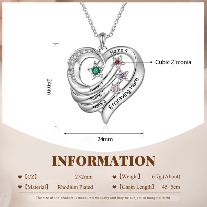 Collar de corazón y estrella con 4 piedras de nacimiento y 4 nombres con texto collar personalizado para mujer | Jessemade