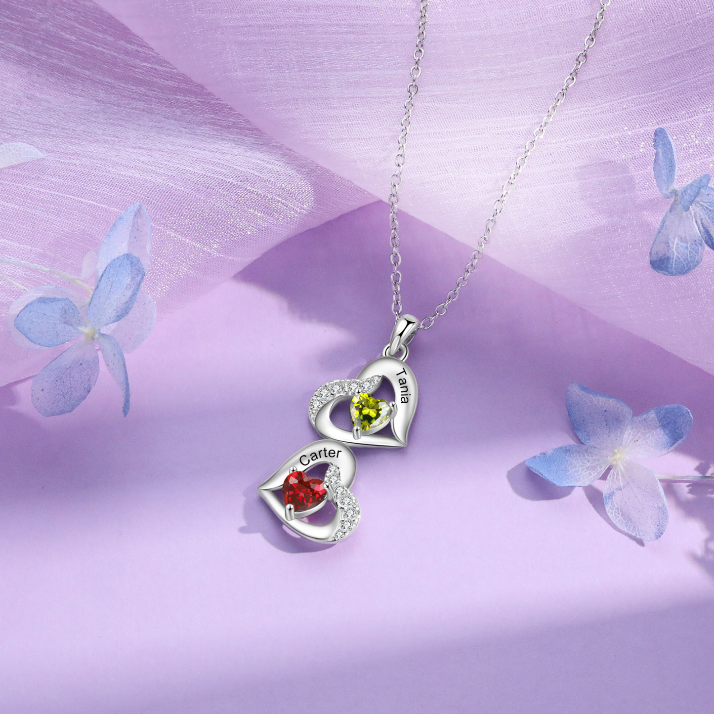Collar de corazones con 2 nombres y piedras de nacimiento personalizados | Jessemade