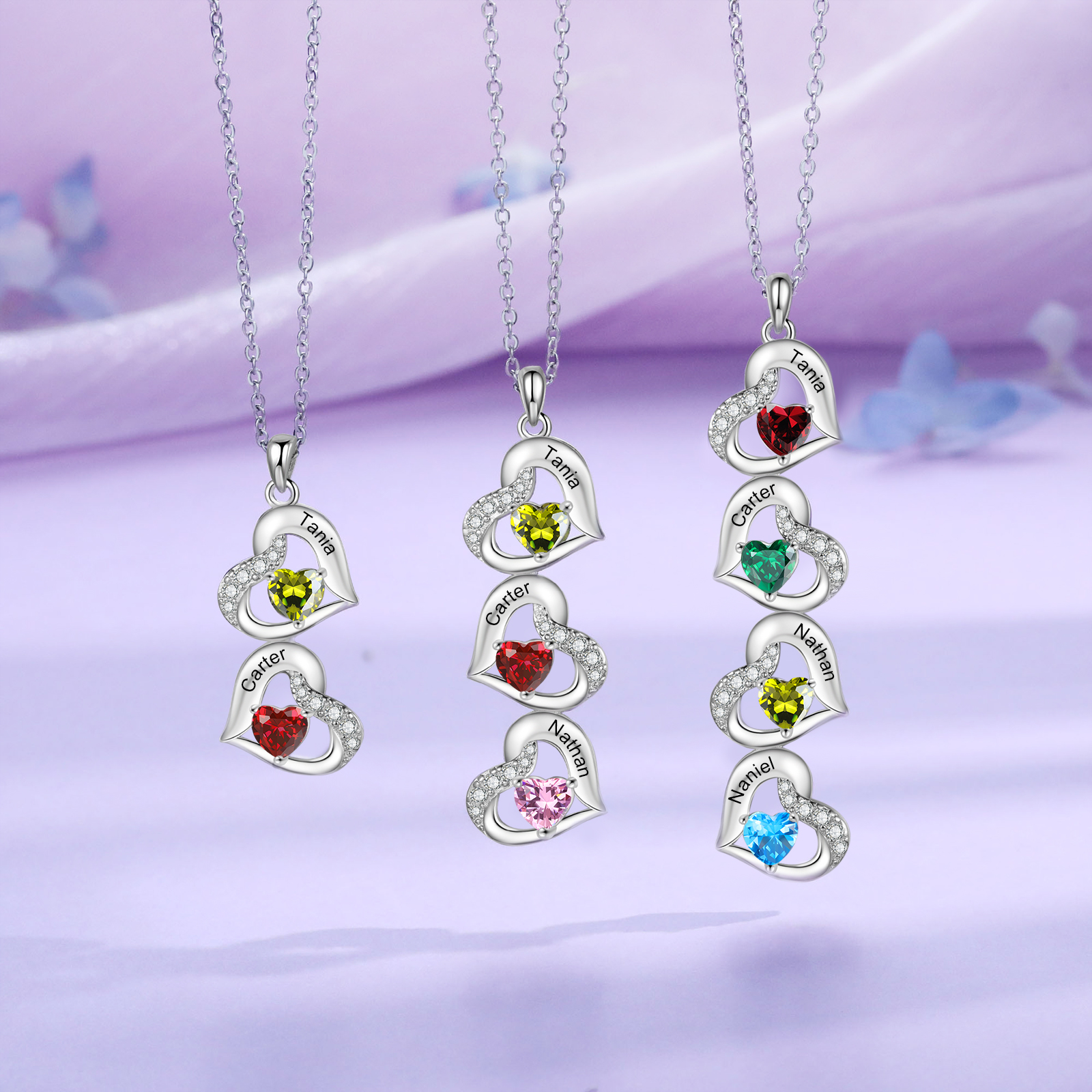 Collar de corazones con 3 nombres y piedras de nacimiento personalizados | Jessemade
