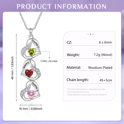 Collar de corazones con 3 nombres y piedras de nacimiento personalizados | Jessemade