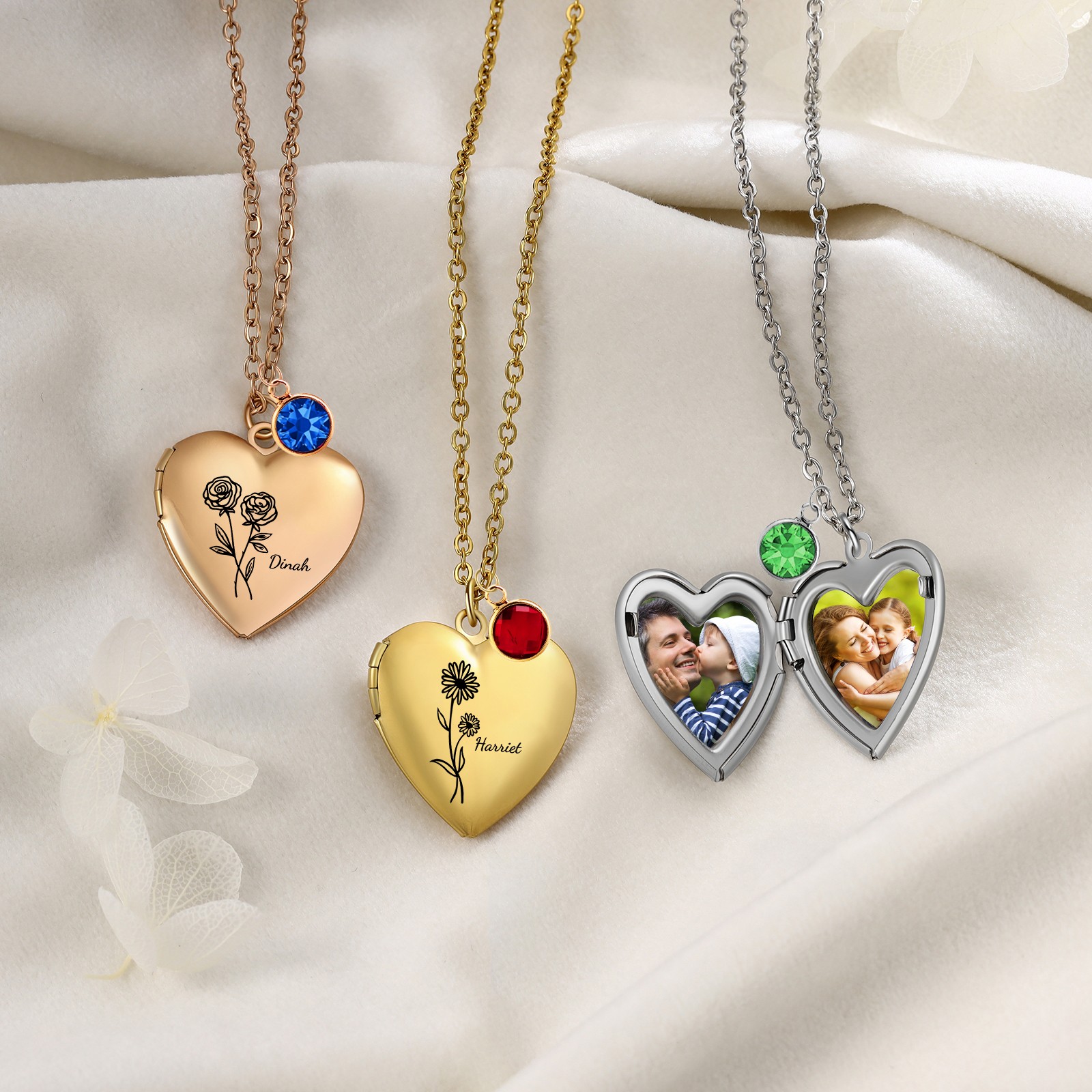 Collar de corazón con 2 fotos, 1 nombre, 1 flor y 1 piedra de nacimiento collar personalizado | Jessemade
