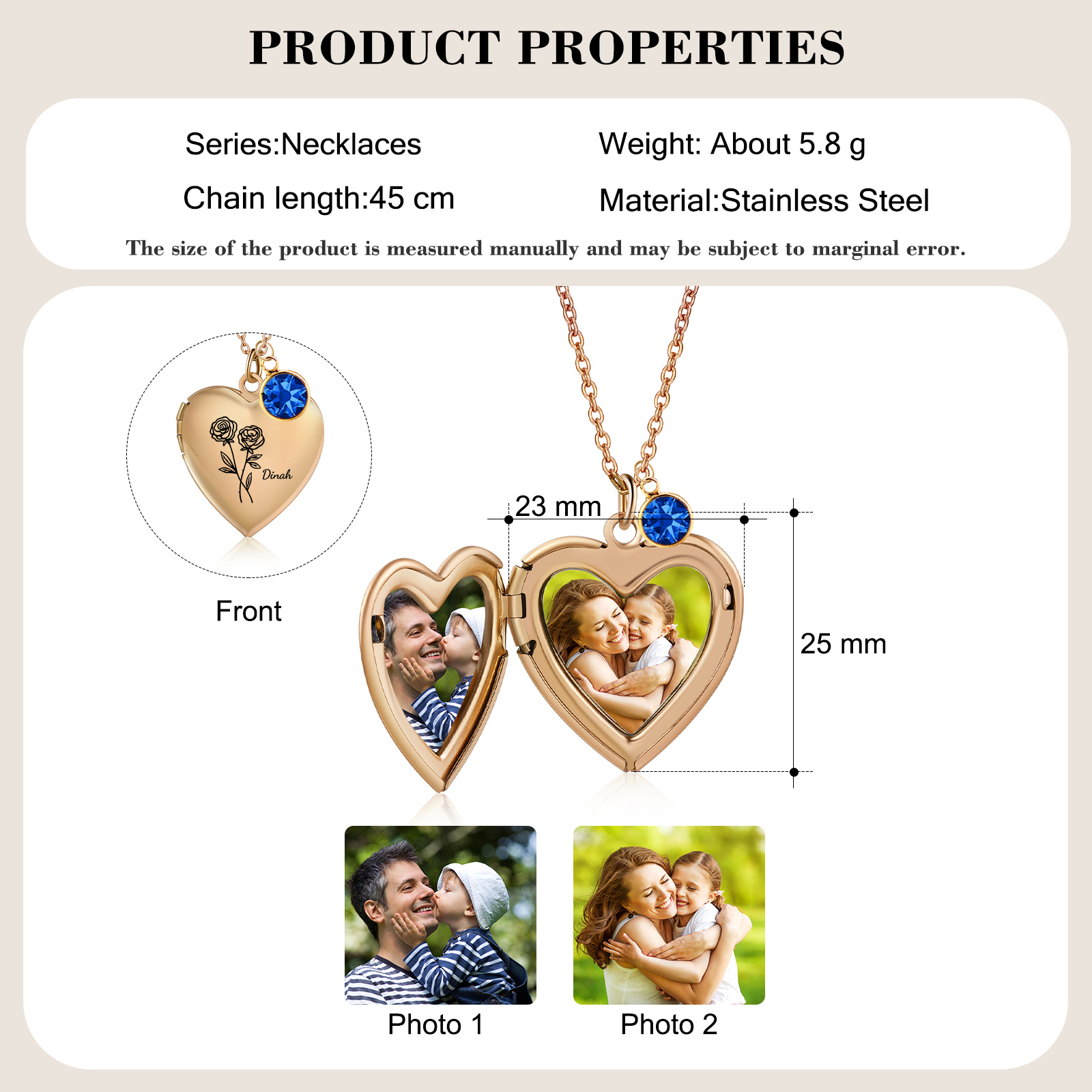 Collar de corazón con 2 fotos, 1 nombre, 1 flor y 1 piedra de nacimiento collar personalizado | Jessemade