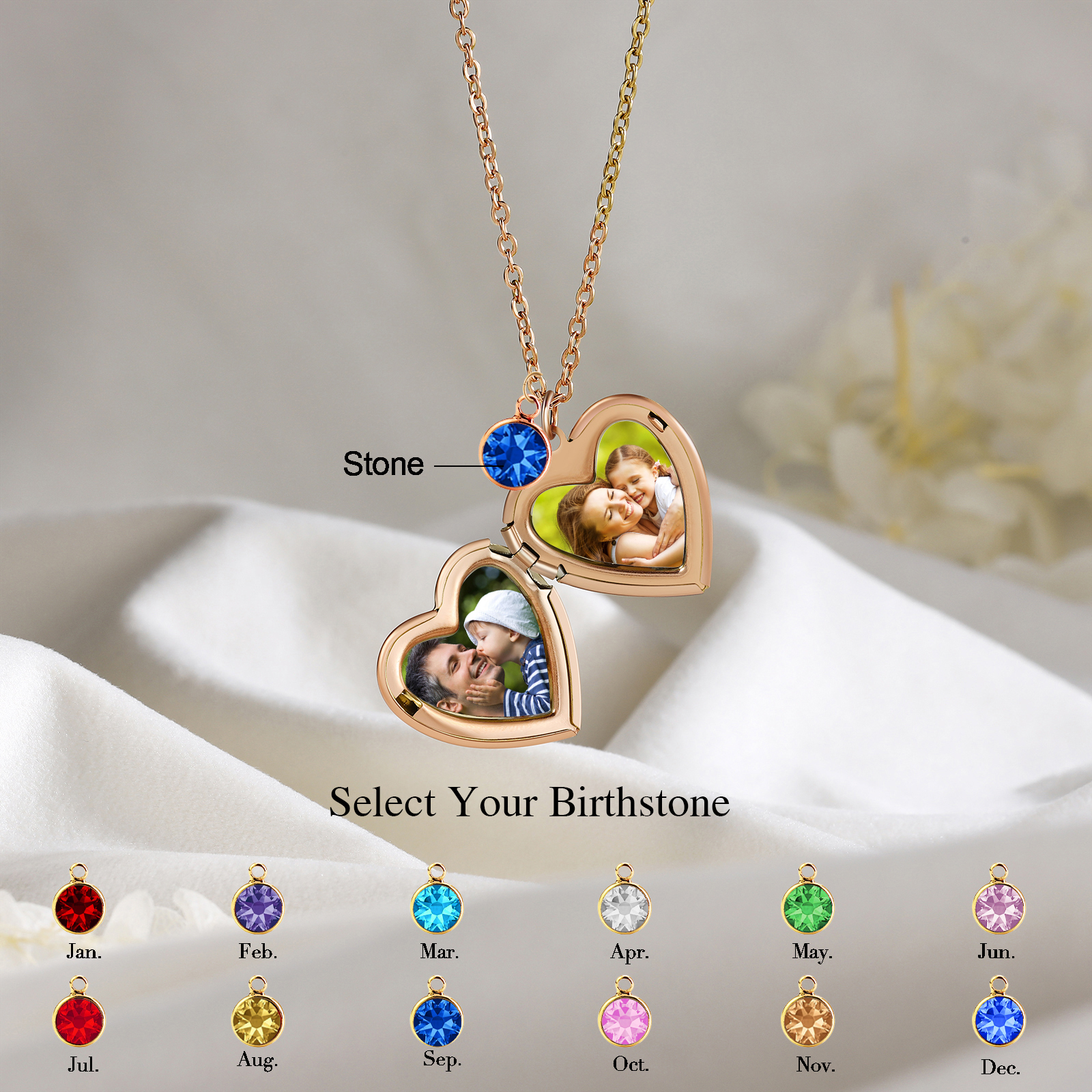 Collar de corazón con 2 fotos, 1 nombre, 1 flor y 1 piedra de nacimiento collar personalizado | Jessemade