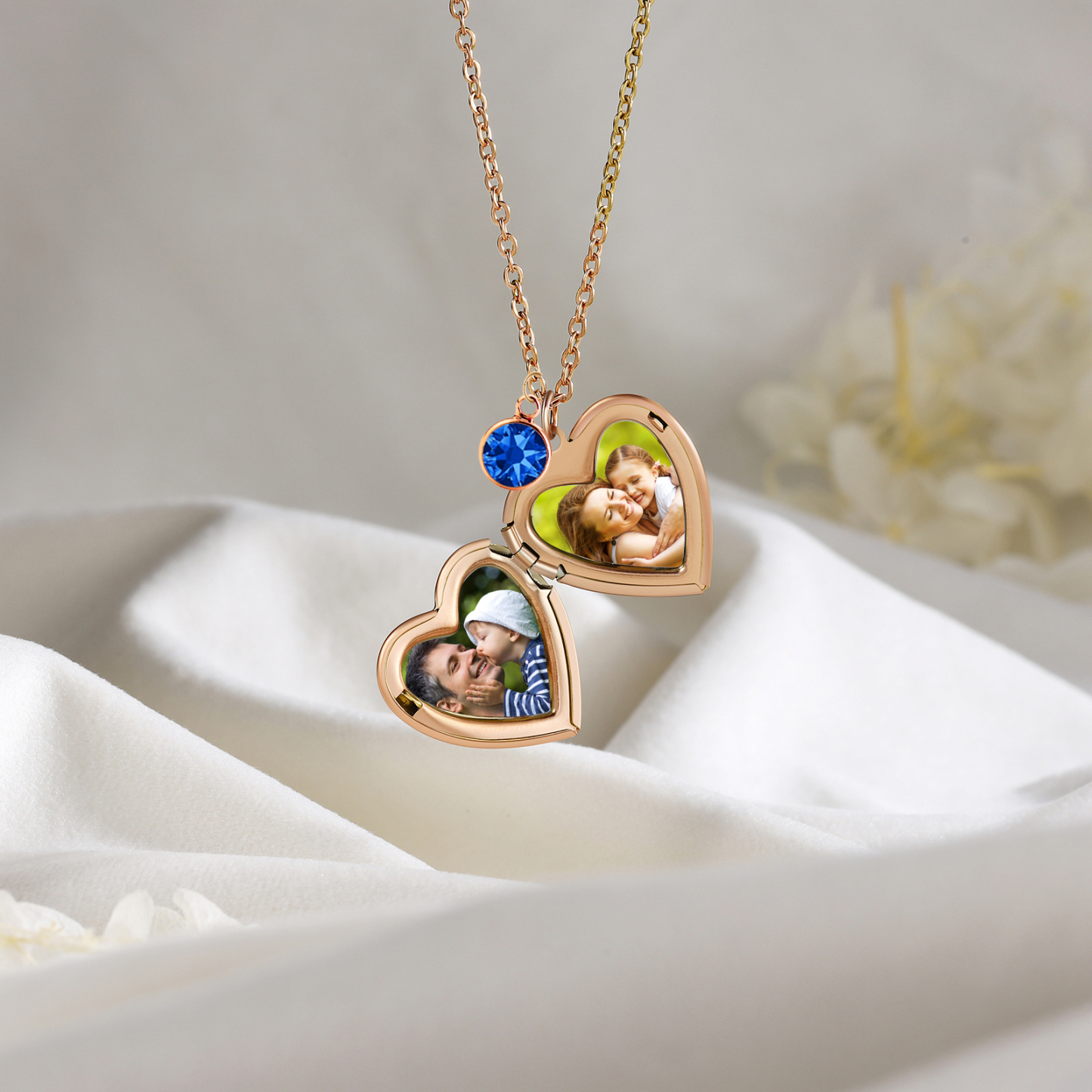 Collar de corazón con 2 fotos, 1 nombre, 1 flor y 1 piedra de nacimiento collar personalizado | Jessemade