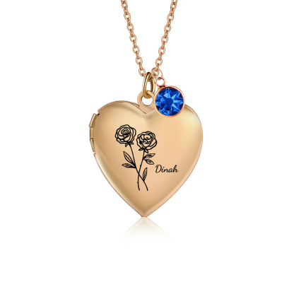 Collar de corazón con 2 fotos, 1 nombre, 1 flor y 1 piedra de nacimiento collar personalizado | Jessemade
