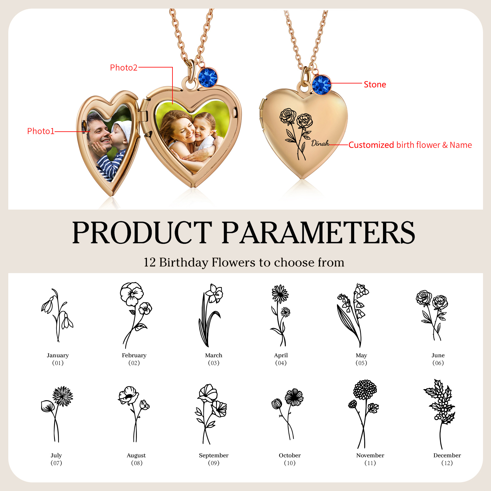 Collar de corazón con 2 fotos, 1 nombre, 1 flor y 1 piedra de nacimiento collar personalizado | Jessemade