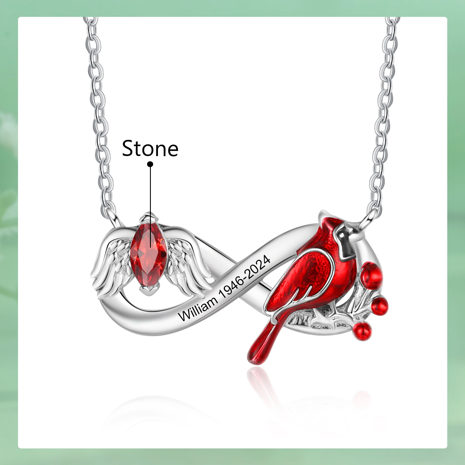 Collar Conmemorativo en Infinito con Pájaro con Nombre, Años y Piedra de Nacimiento Collar Personalizado | Jessemade
