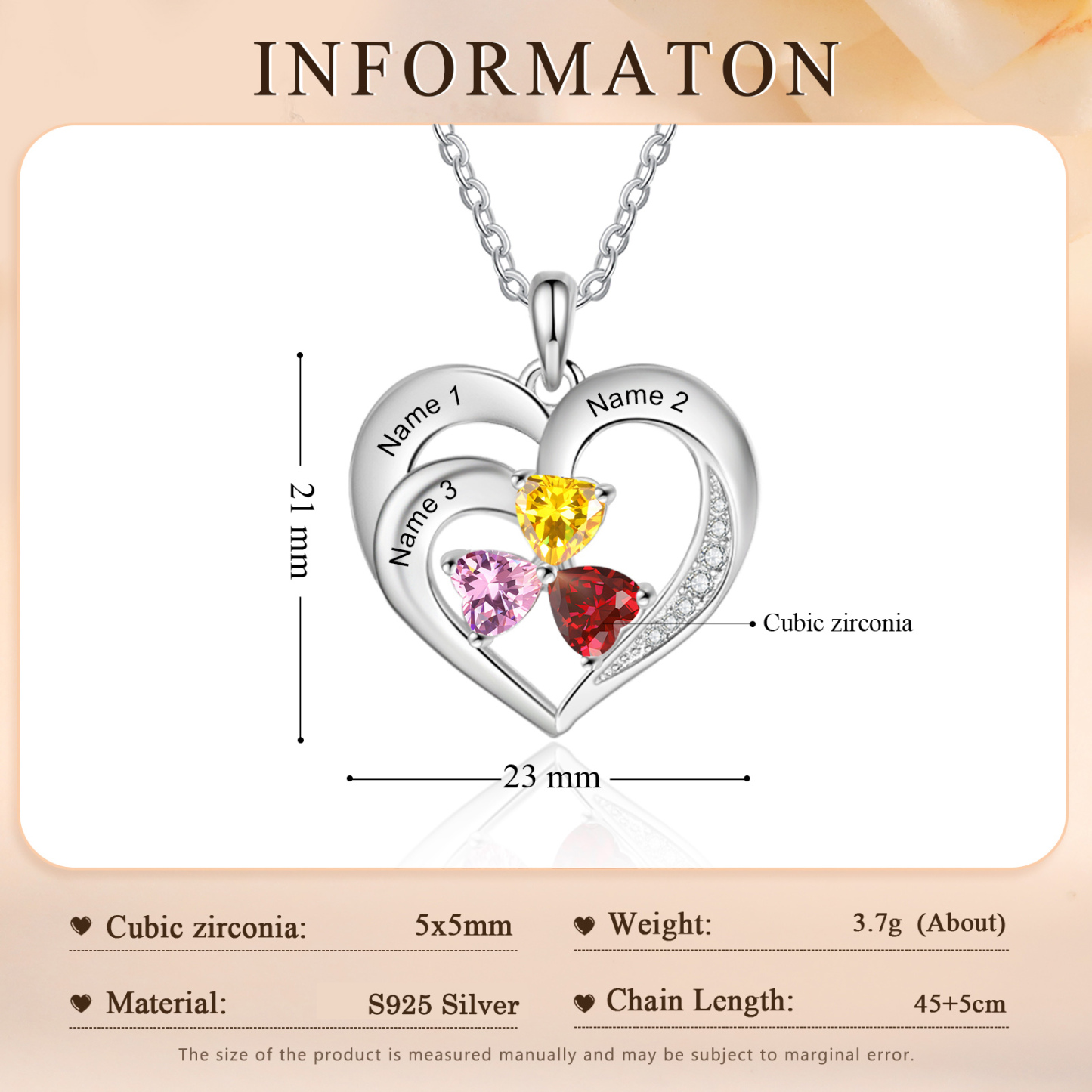 Collar de corazón con 3 piedras de nacimiento y 3 nombres collar personalizado para mujer | Jessemade