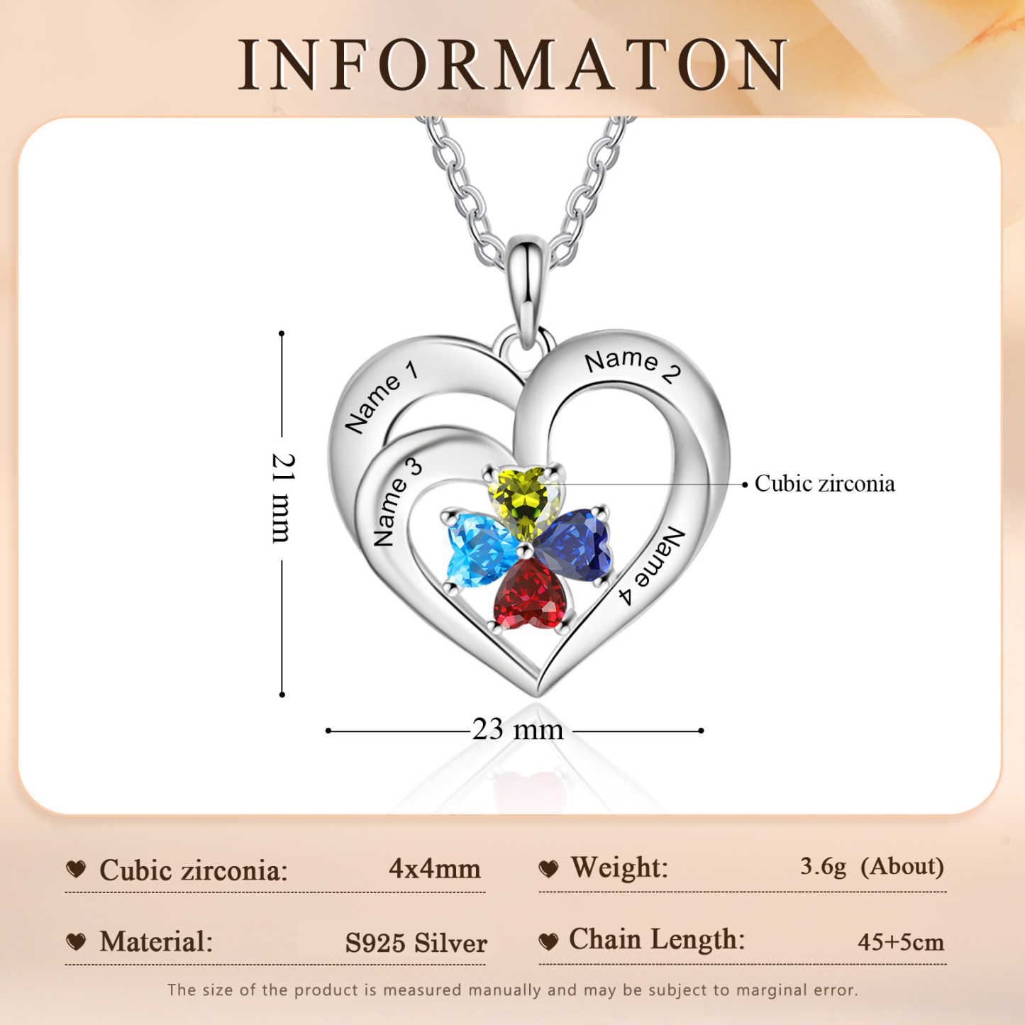 Collar de corazón con 4 piedras de nacimiento y 4 nombres collar personalizado para mujer | Jessemade