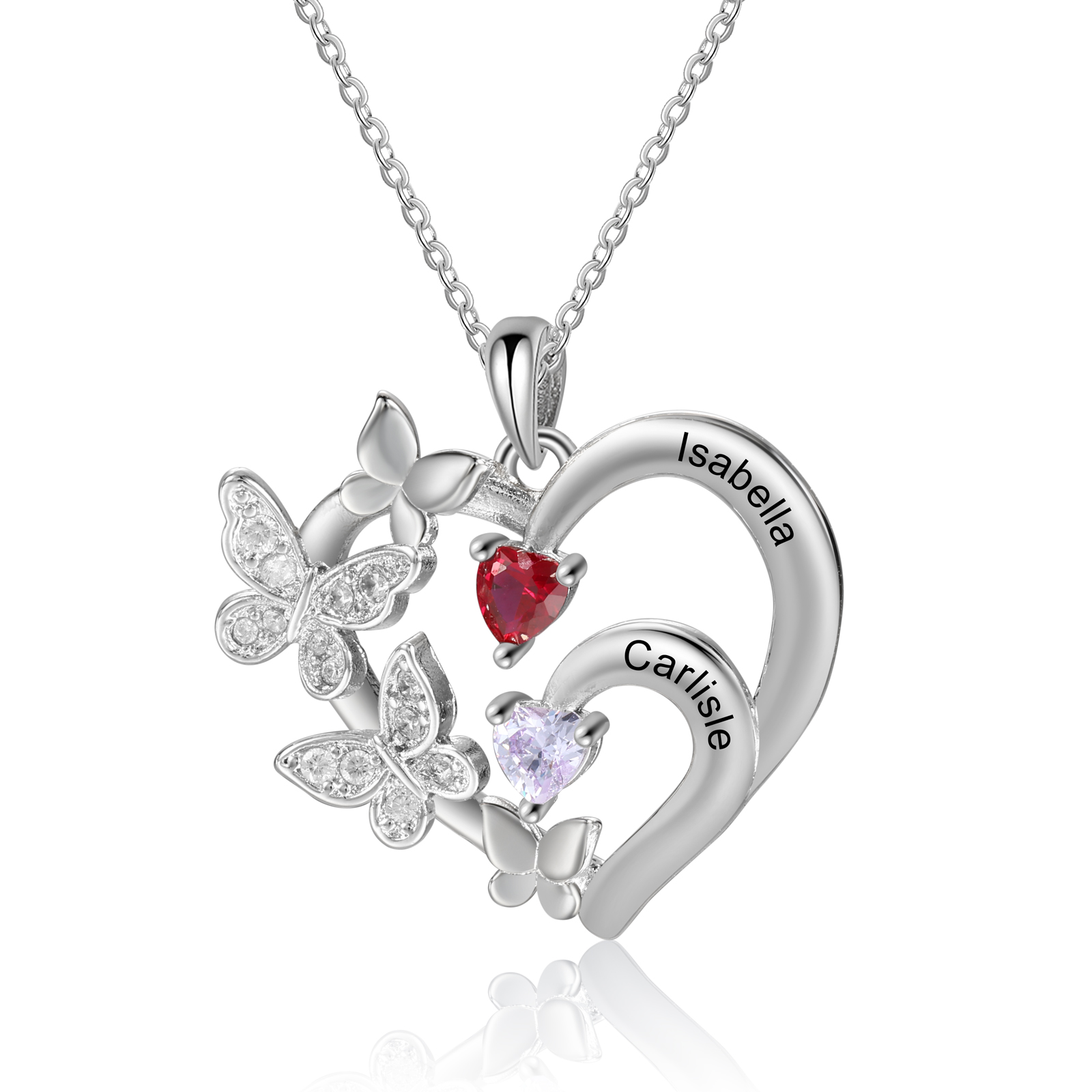 Collar en Corazón con Mariposa Personalizado – 2 Nombres y Piedras de Nacimiento | Jessemade ES
