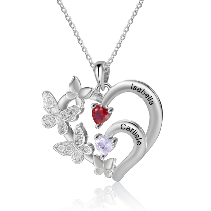 Collar en Corazón con Mariposa Personalizado – 2 Nombres y Piedras de Nacimiento | Jessemade ES
