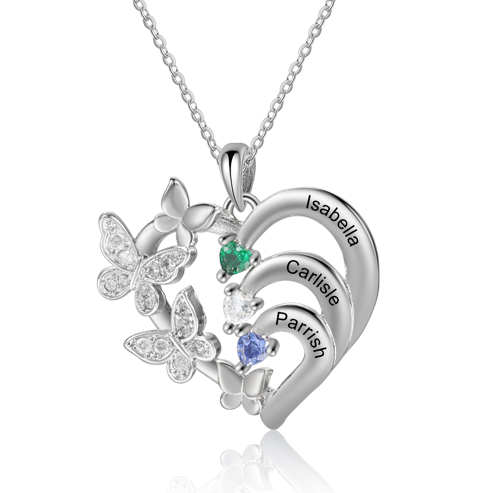 Collar en Corazón con Mariposa Personalizado – 3 Nombres y Piedras de Nacimiento | Jessemade ES