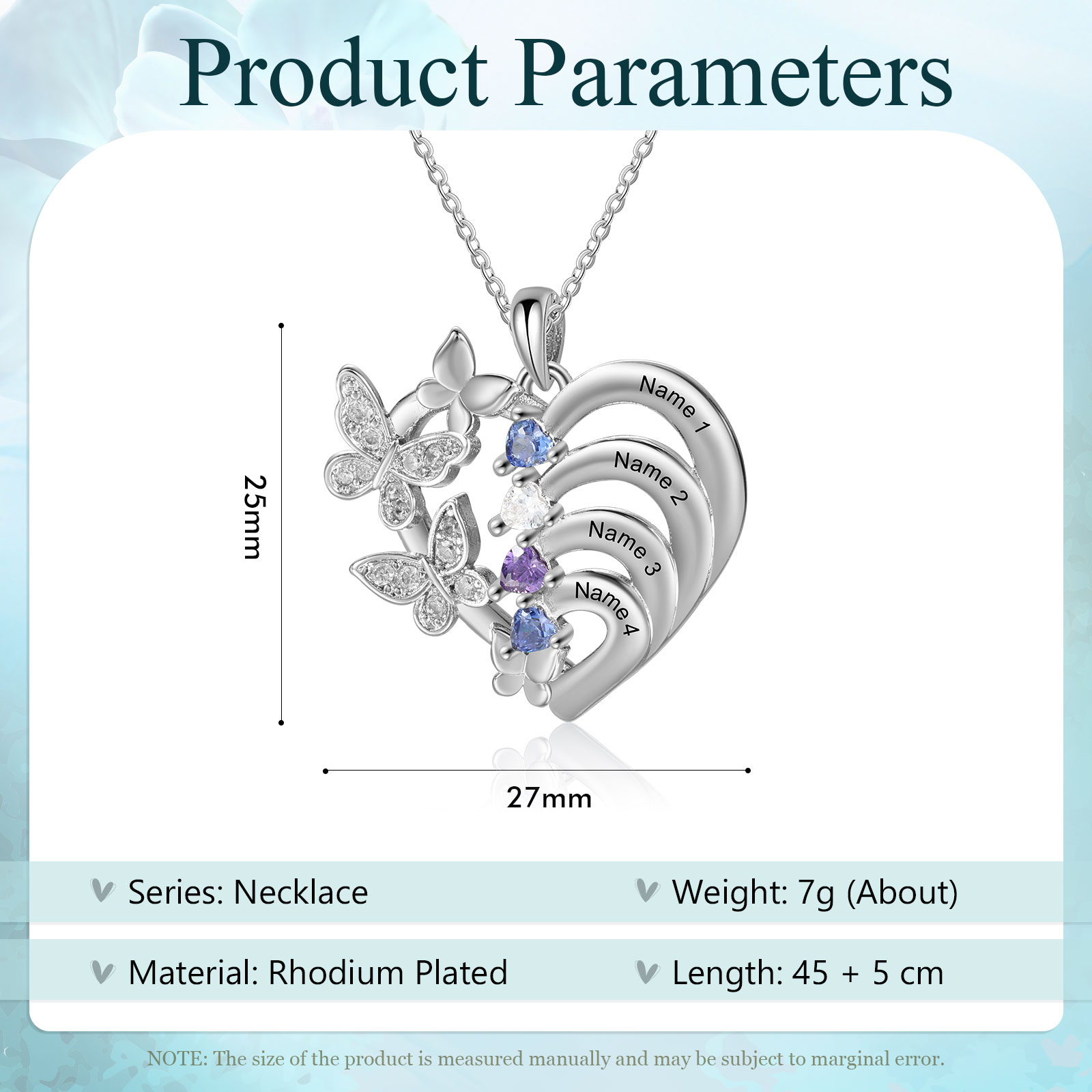 Collar de corazón con mariposa con 4 piedras de nacimiento y 4 nombres collar personalizado para mujer | Jessemade