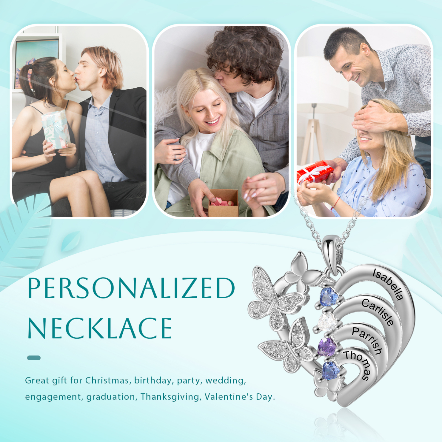 Collar de corazón con mariposa con 4 piedras de nacimiento y 4 nombres collar personalizado para mujer | Jessemade