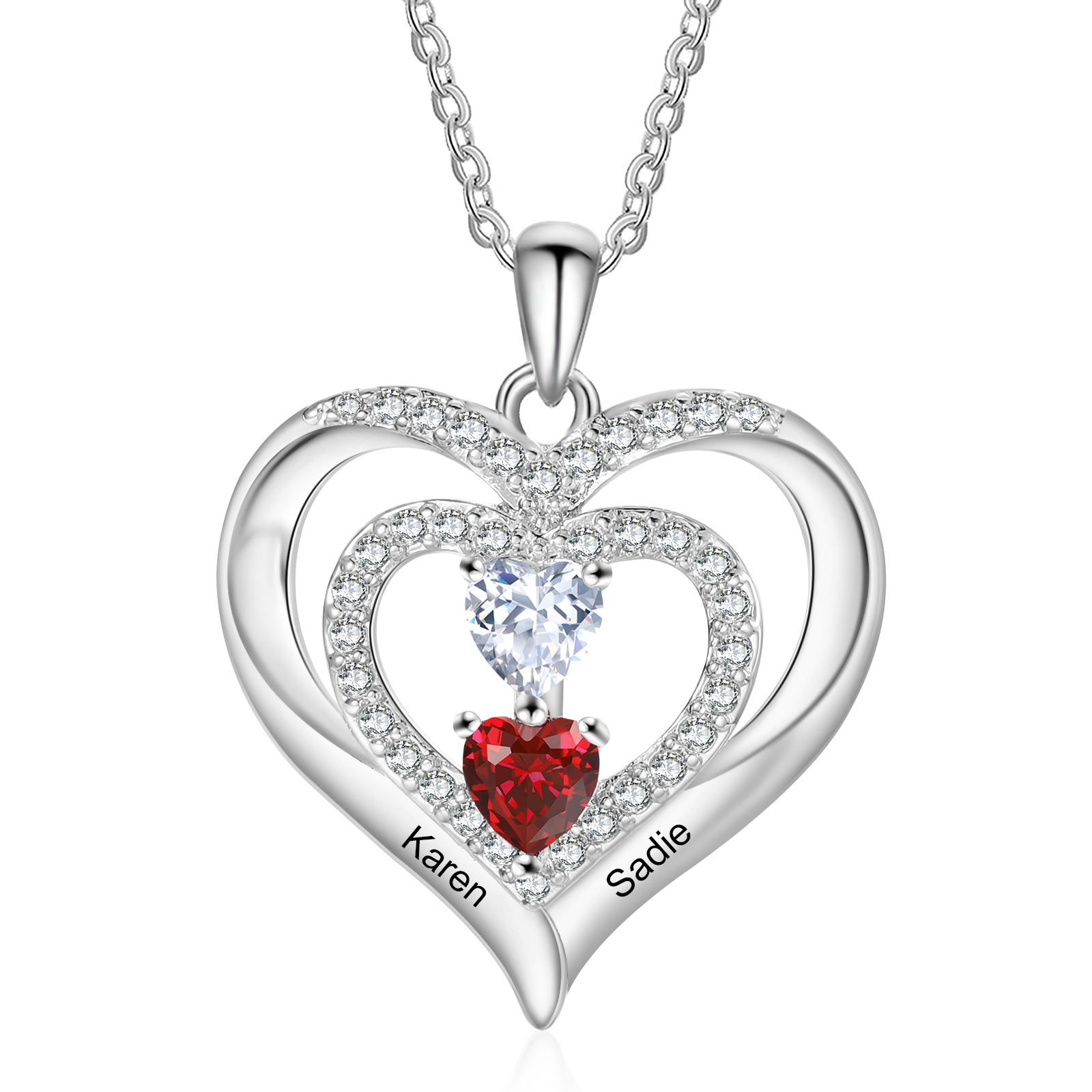Collar para Mujer en Doble Corazón con Nombres y Piedras de Nacimiento | Jessemade ES