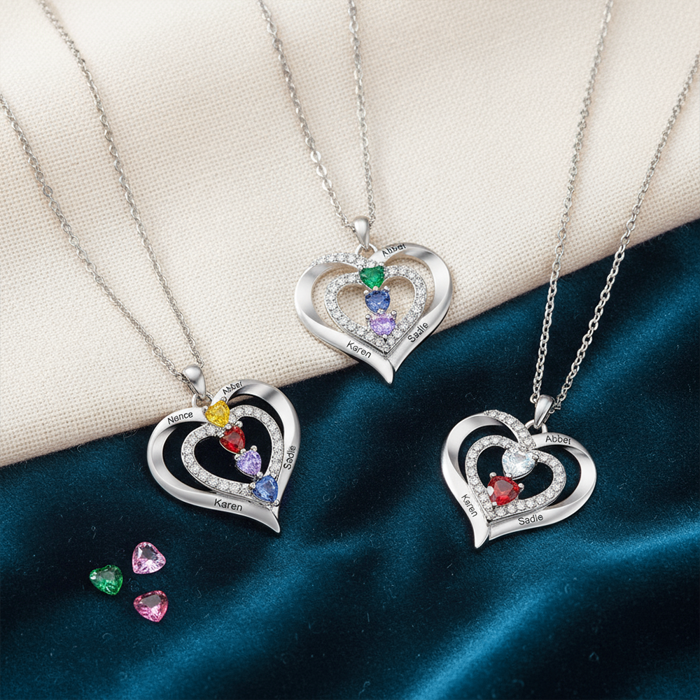 Collar de doble corazón con 4 piedras de nacimiento y 4 nombres collar personalizado para mujer | Jessemade