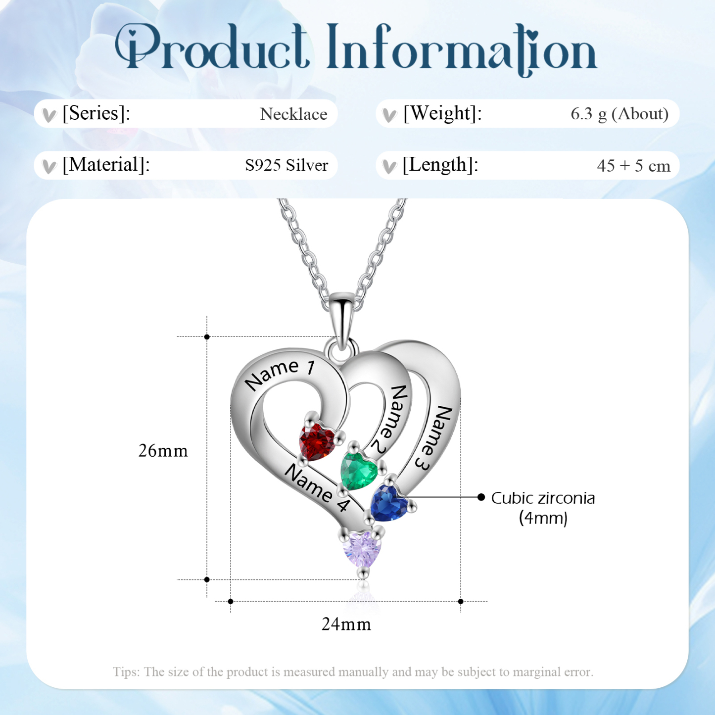 Collar de corazón de Plata 925 personalizado para mujer con 4 nombres y 4 piedras de nacimiento | Jessemade