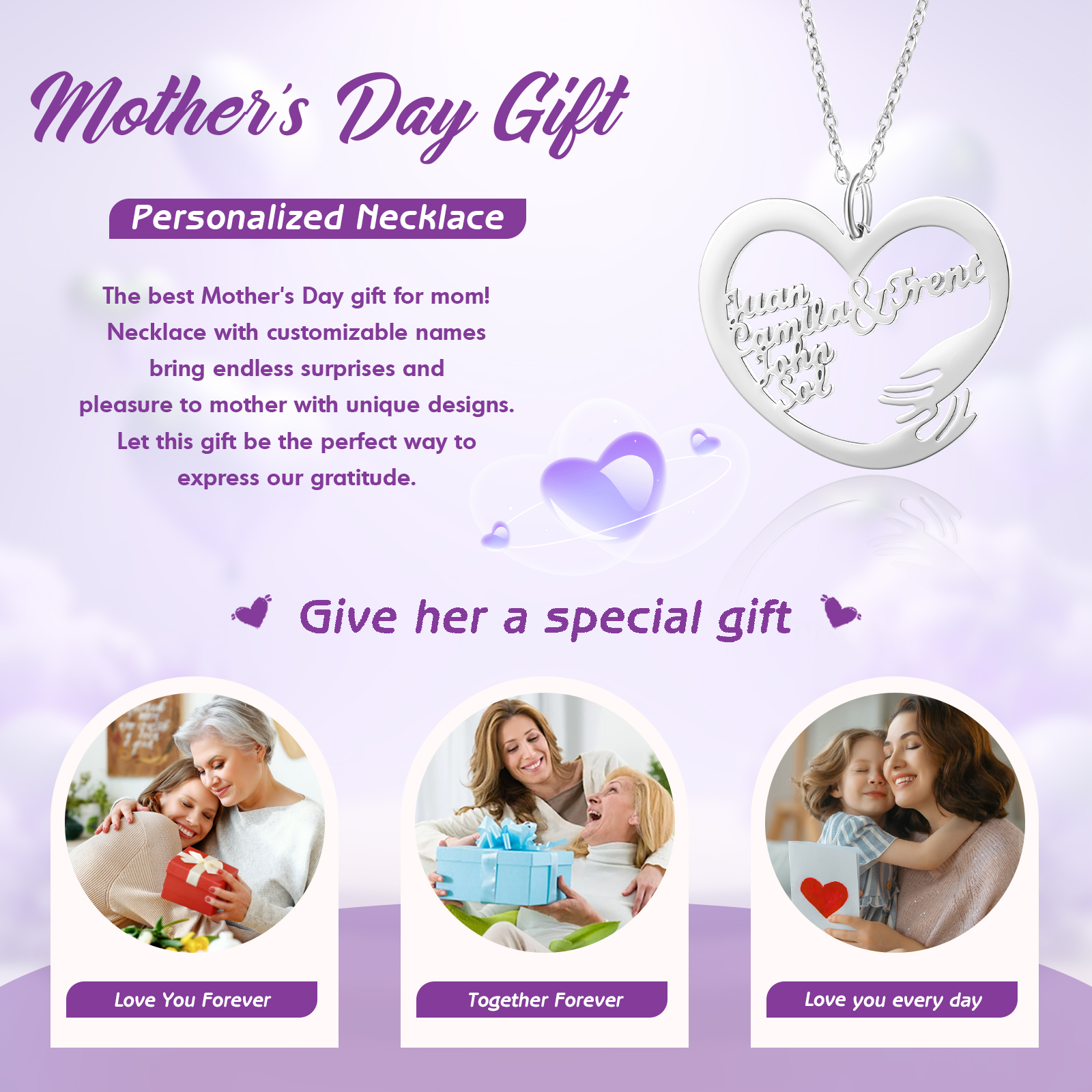 Collar de corazón de abrazo con 5 nombres collar personalizado para mujer | Jessemade