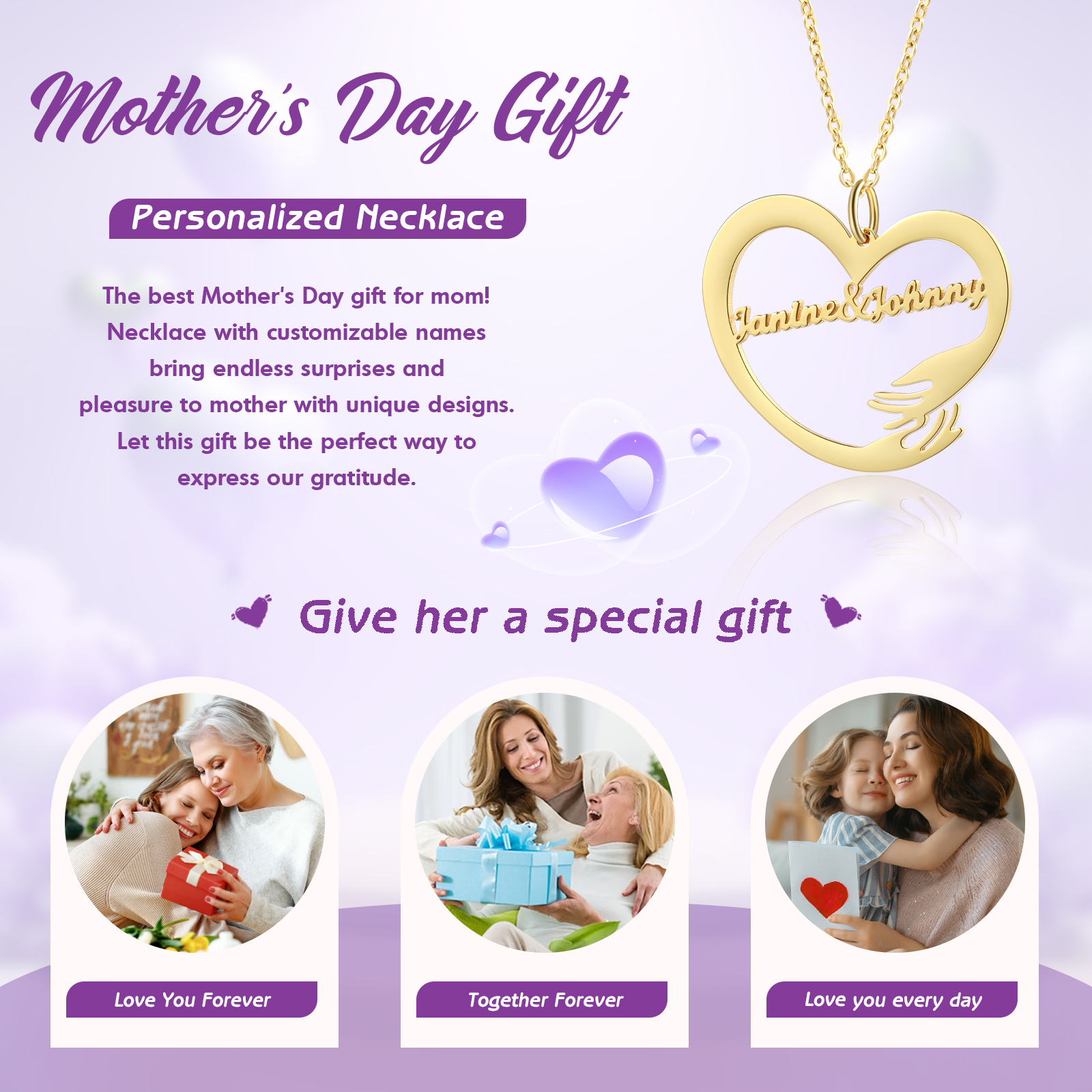 Collar de corazón de abrazo con 2 nombres collar personalizado para mujer | Jessemade