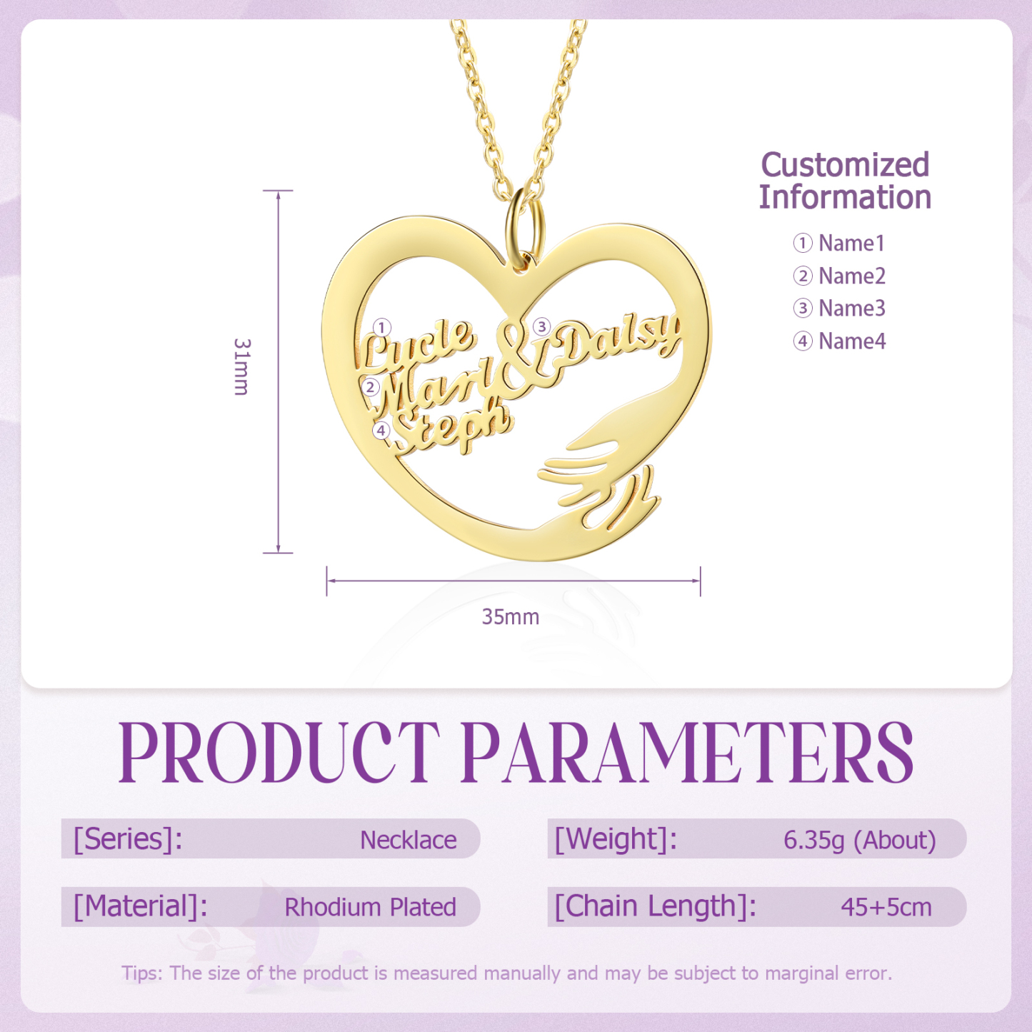 Collar de corazón de abrazo con 4 nombres collar personalizado para mujer | Jessemade