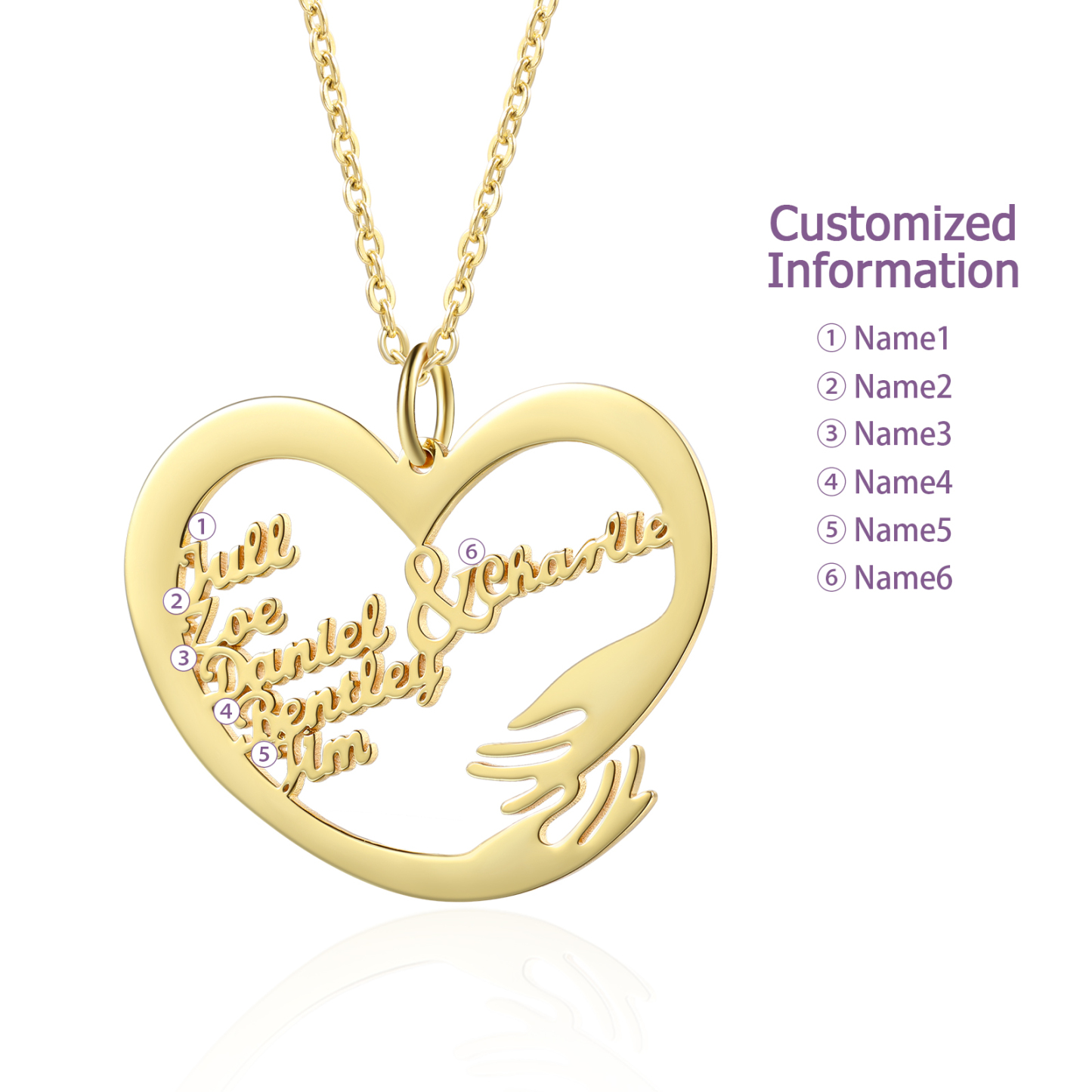 Collar de corazón de abrazo con 6 nombres collar personalizado para mujer | Jessemade