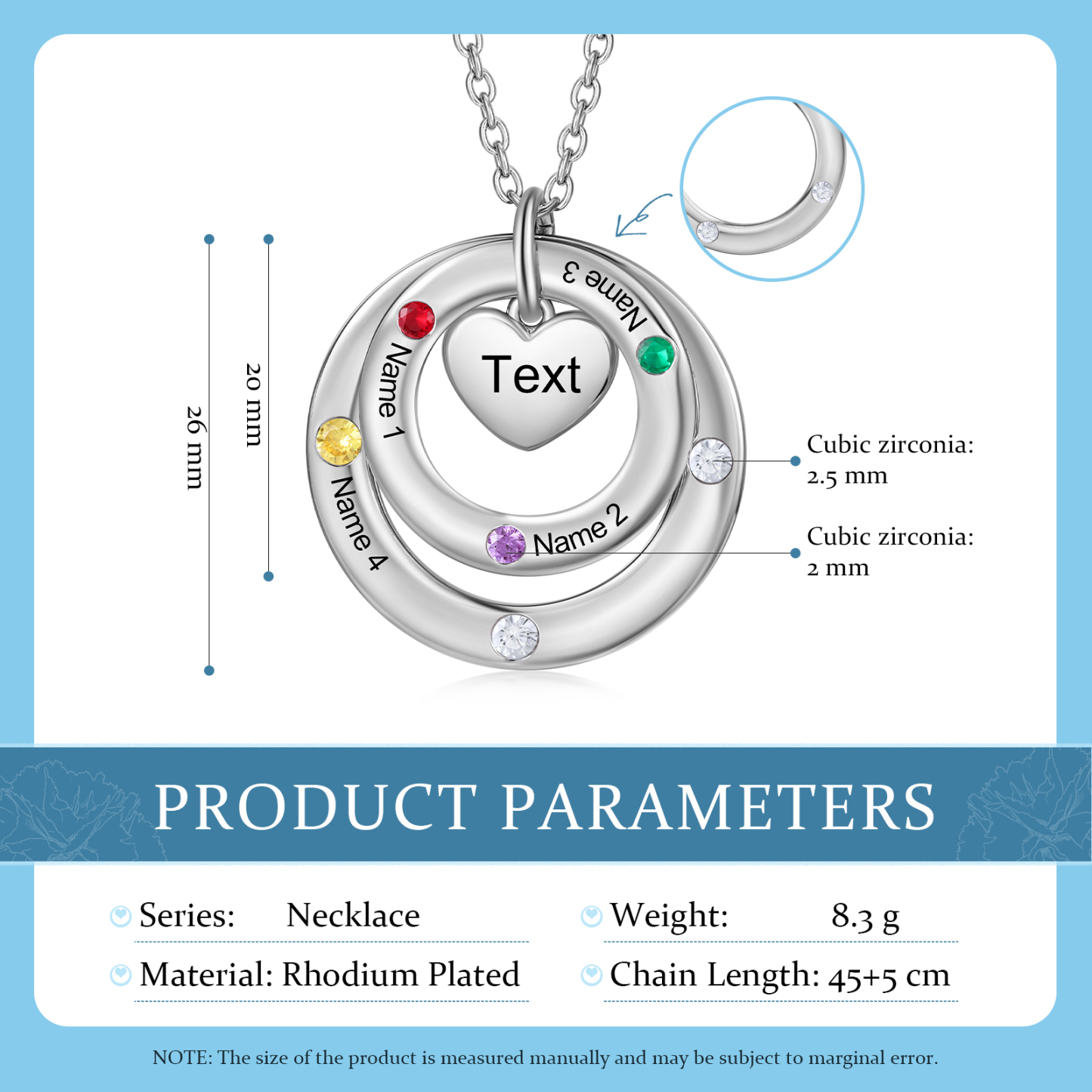 Collar con círculos y corazón con 4 piedras de nacimiento, 4 nombres y texto collar personalizado para mujer | Jessemade