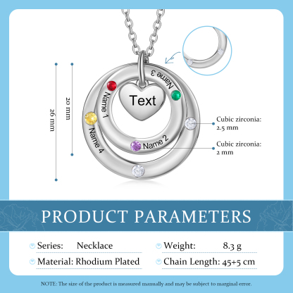 Collar con círculos y corazón con 4 piedras de nacimiento, 4 nombres y texto collar personalizado para mujer | Jessemade