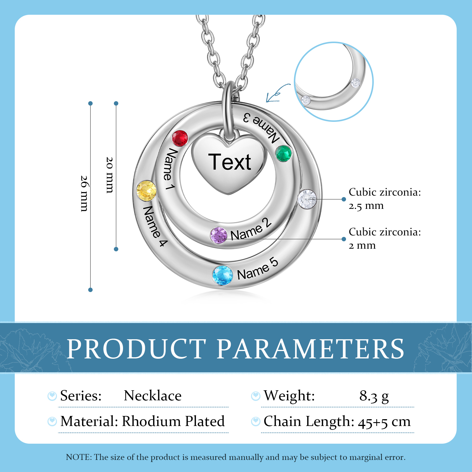 Collar con círculos y corazón con 5 piedras de nacimiento, 5 nombres y texto collar personalizado para mujer | Jessemade