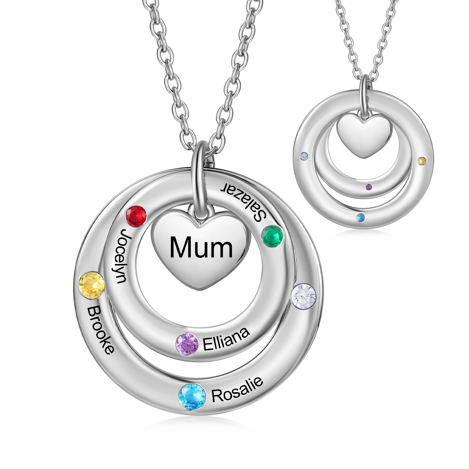 Collar con círculos y corazón con 5 piedras de nacimiento, 5 nombres y texto collar personalizado para mujer | Jessemade