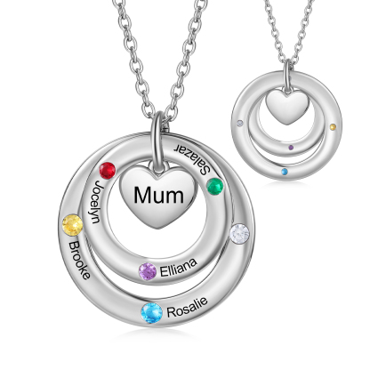 Collar con círculos y corazón con 5 piedras de nacimiento, 5 nombres y texto collar personalizado para mujer | Jessemade