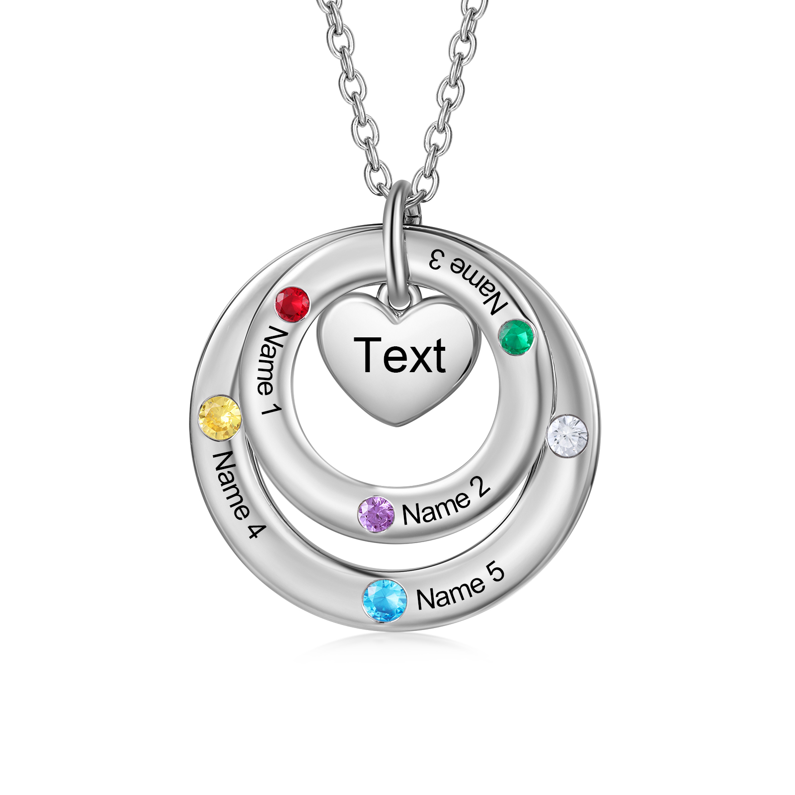 Collar con círculos y corazón con 5 piedras de nacimiento, 5 nombres y texto collar personalizado para mujer | Jessemade