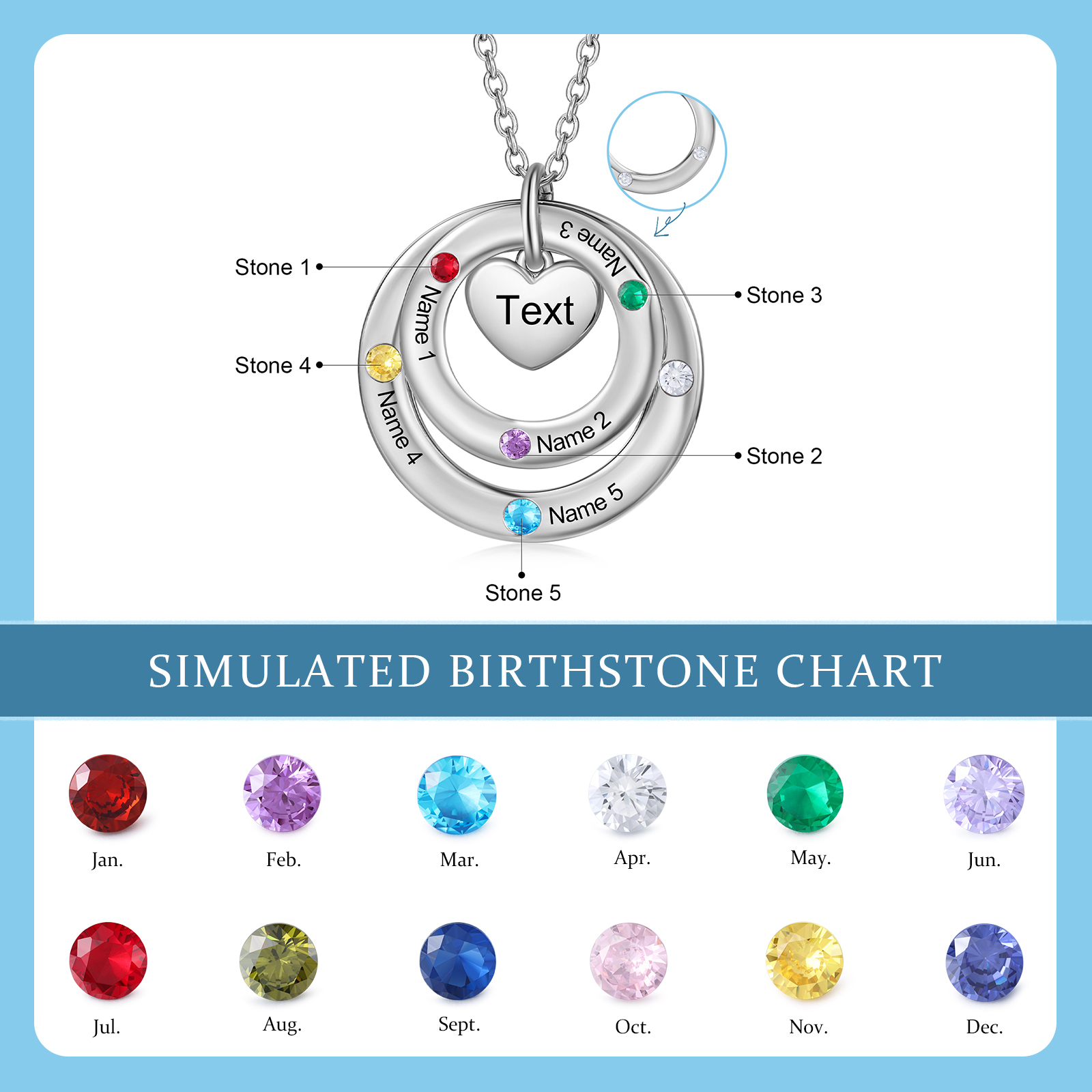 Collar con círculos y corazón con 5 piedras de nacimiento, 5 nombres y texto collar personalizado para mujer | Jessemade