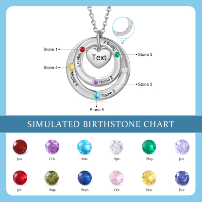 Collar con círculos y corazón con 5 piedras de nacimiento, 5 nombres y texto collar personalizado para mujer | Jessemade