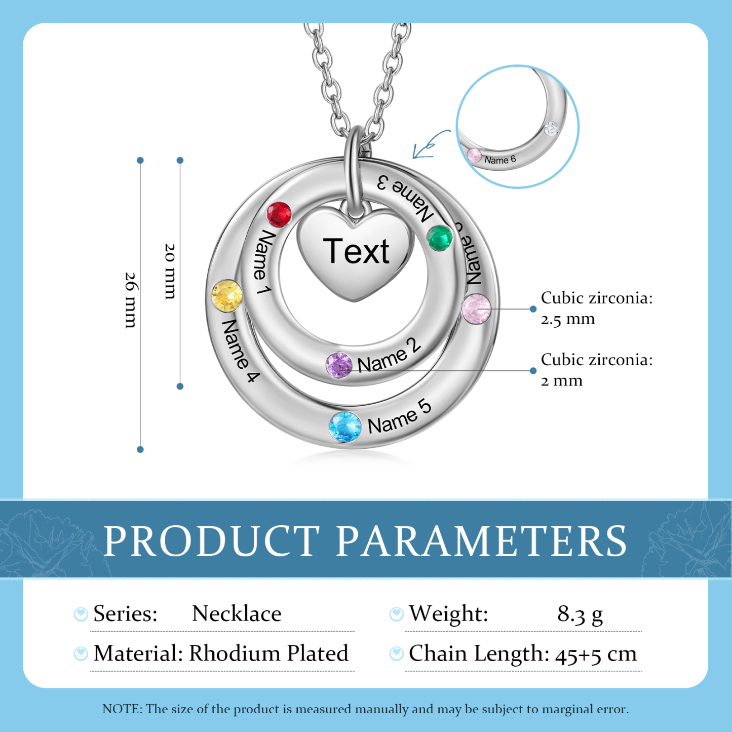 Collar con círculos y corazón con 6 piedras de nacimiento, 6 nombres y texto collar personalizado para mujer | Jessemade