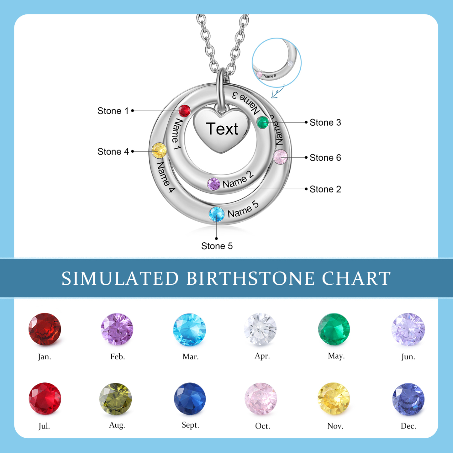 Collar con círculos y corazón con 6 piedras de nacimiento, 6 nombres y texto collar personalizado para mujer | Jessemade