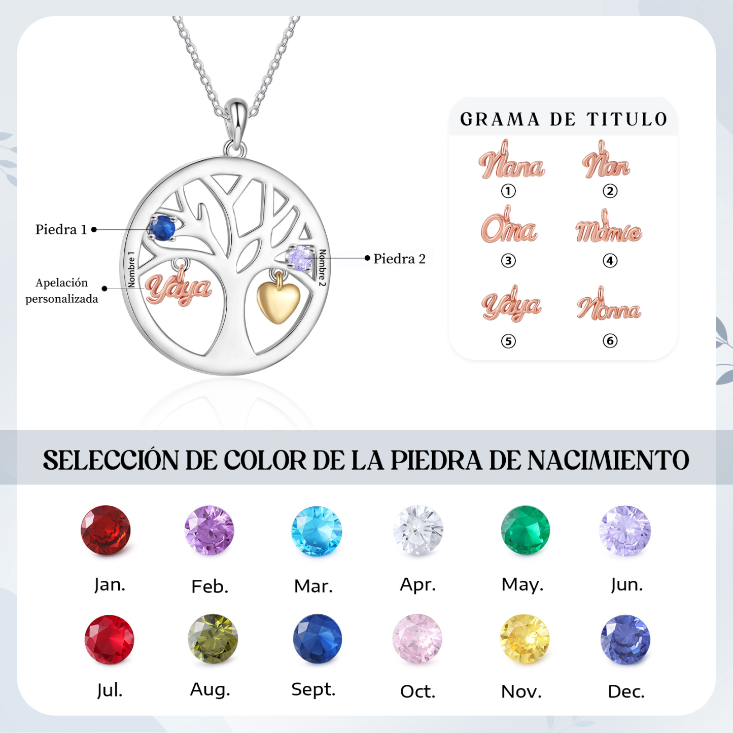 Collar de señora personalizado con árbol de la vida y piedras de nacimiento – regalo ideal para abuela