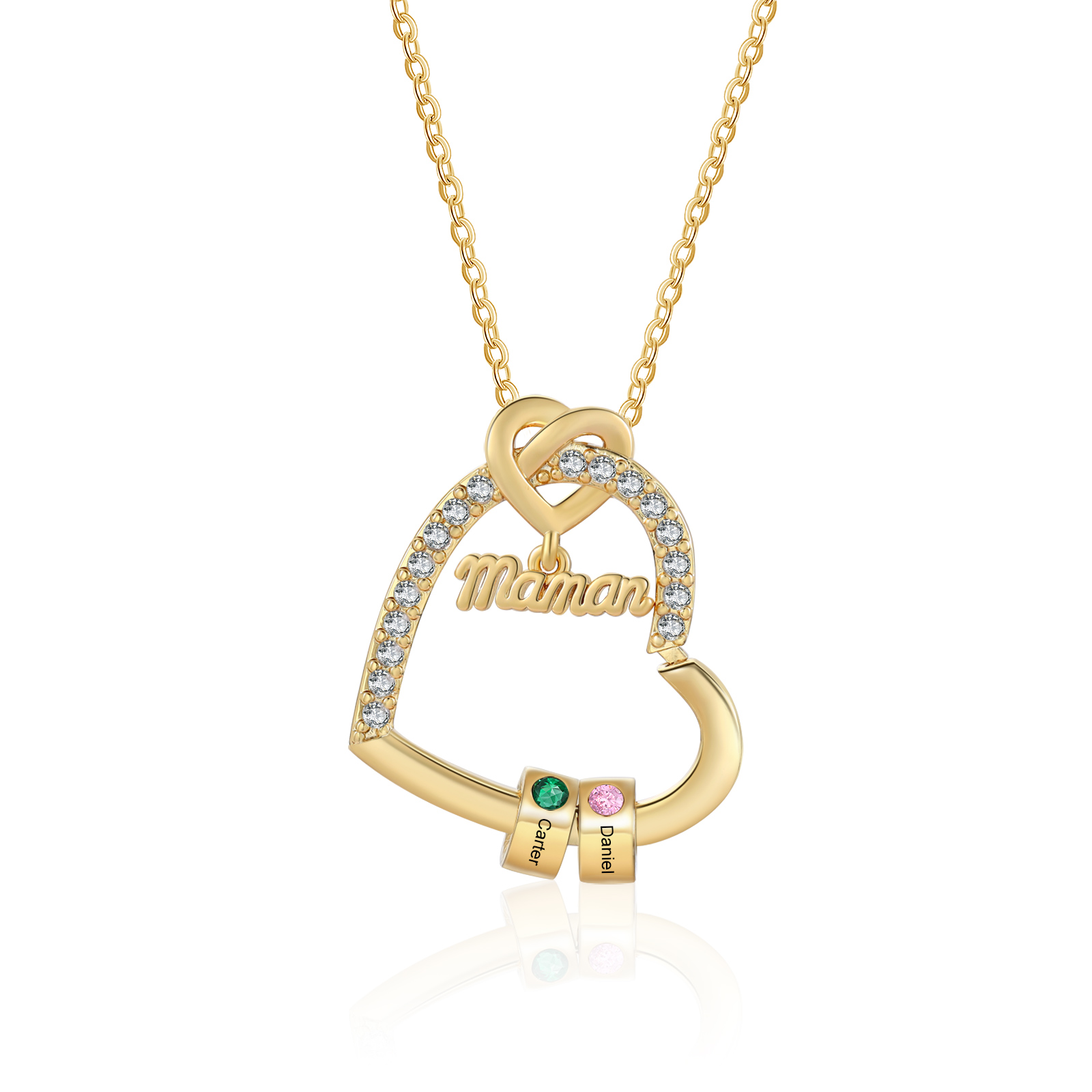 Collar en forma de corazón 1-5 nombres y piedras de nacimiento personalizados con colgante de "MAMÁ" color oro | Jessemade