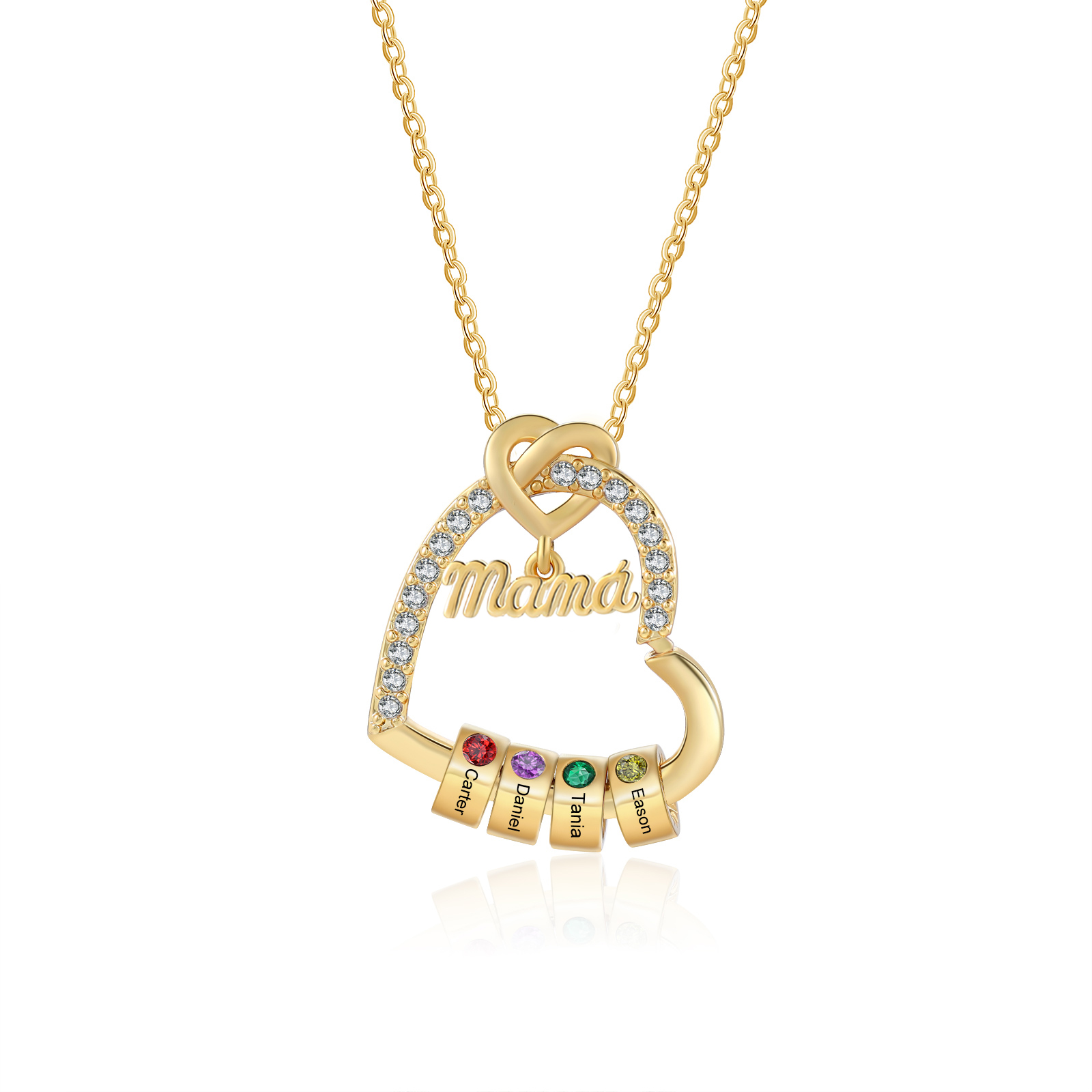 Collar en forma de corazón 1-5 nombres y piedras de nacimiento personalizados con colgante de "MAMÁ" color oro | Jessemade